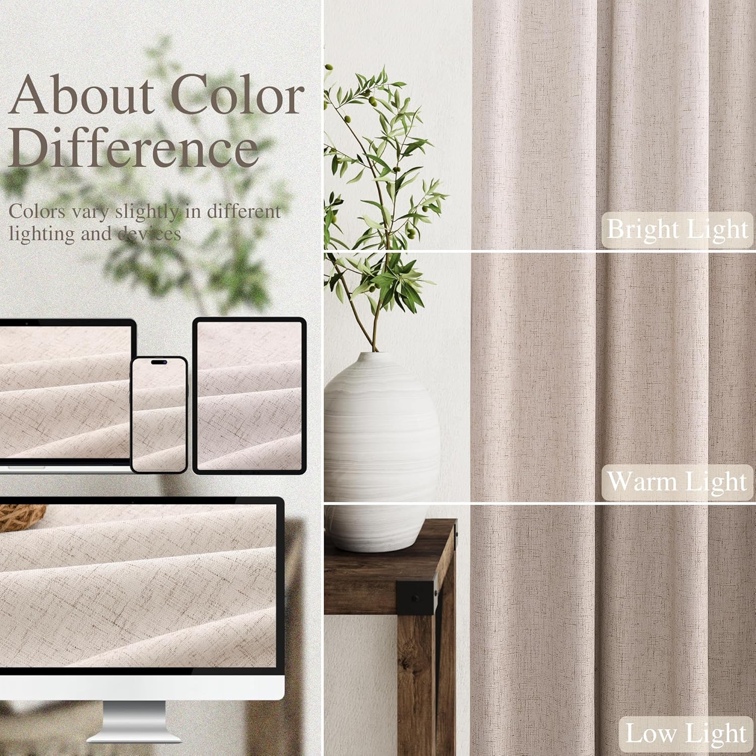 Nanspring Oatmeal 100% Blackout Linen Curtains 96 Inches Long for Bedroom Back Tab Thermal Insulated Neutral Modern Farmhouse Decor Black O…