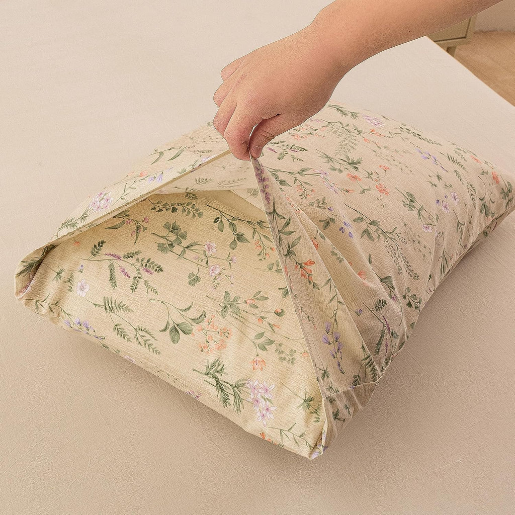 ECOCOTT Floral Pillowcases King Size Set of 2, 100% Washed Cotton Pillow Cases with Envelope Closure, Beige Botanical Wildflower Printed…