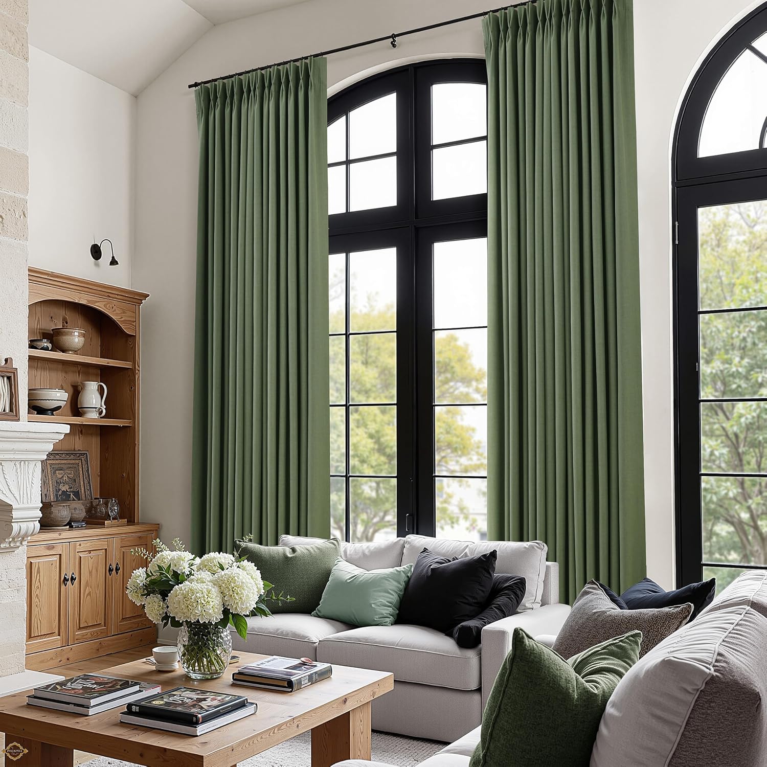 Boodii Olive Green 100% Blackout Pinch Pleated Linen Curtains 84 Inch 2 Panels Thermal Insulated Room Darkening for Bedroom Living Room Boh…