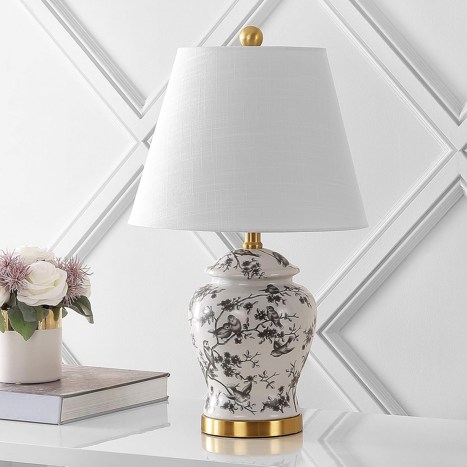 JONATHAN Y 22" Gray/White Ceramic Table Lamp, French Country Chinoiserie Ginger Jar LED Bedside Lamp for Living Room Bedroom, White Linen…