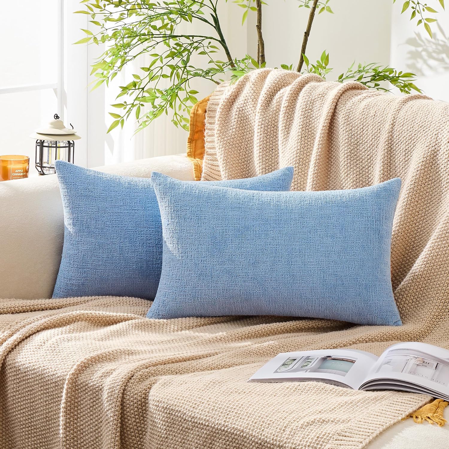 Gawamay Set of 2 Decorative Lumbar Soft Chenille Throw Pillow Covers 12x20 Inch, Boho Farmhouse Cushion Cases, Couch Pillow Covers for Livi…