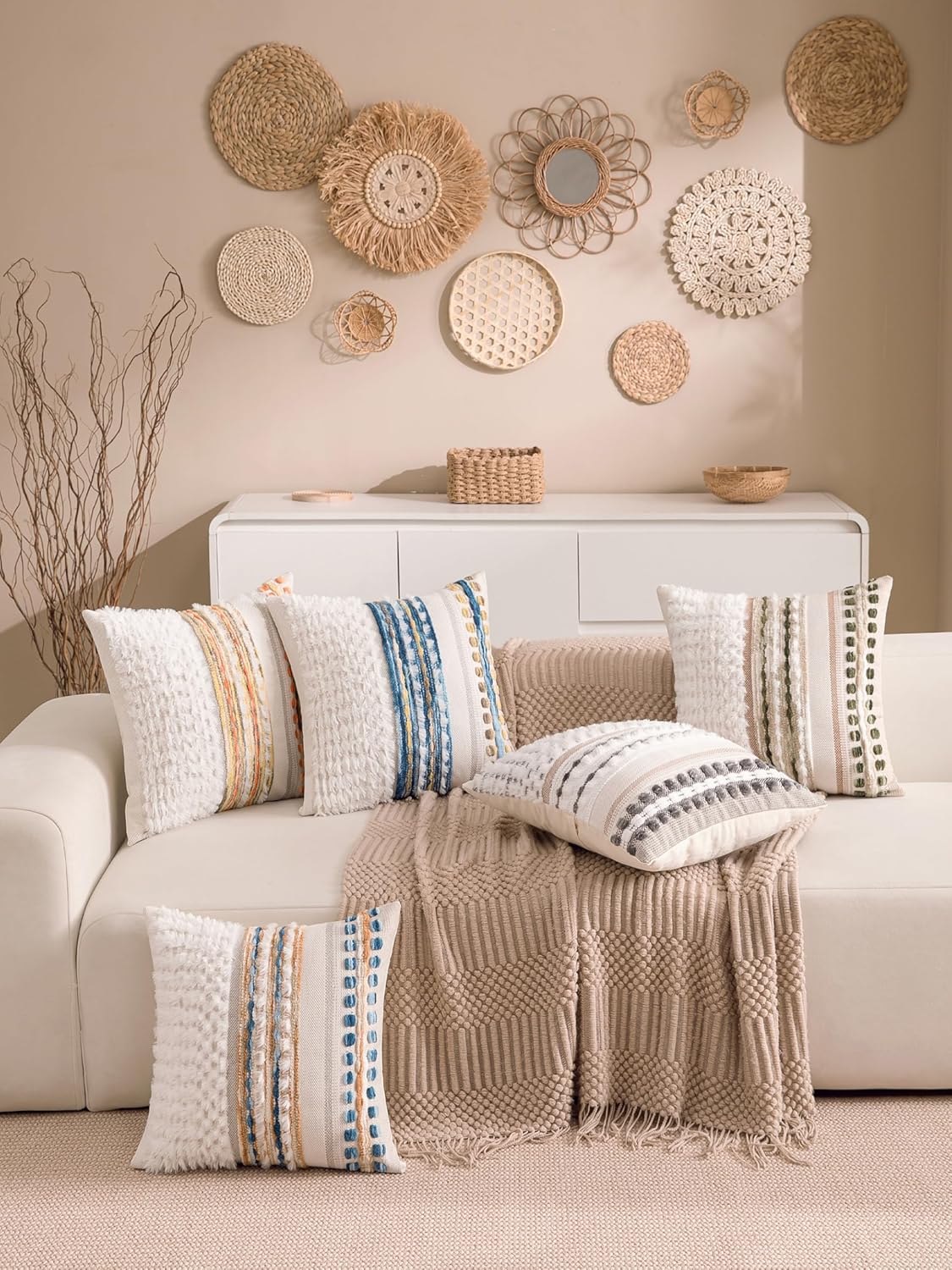 Fall Boho Chenille Tufted Throw Pillow Covers 18x18 Inch Set of 2 Farmhouse Striped Couch Decorative Pillow Covers Accent Neutral…