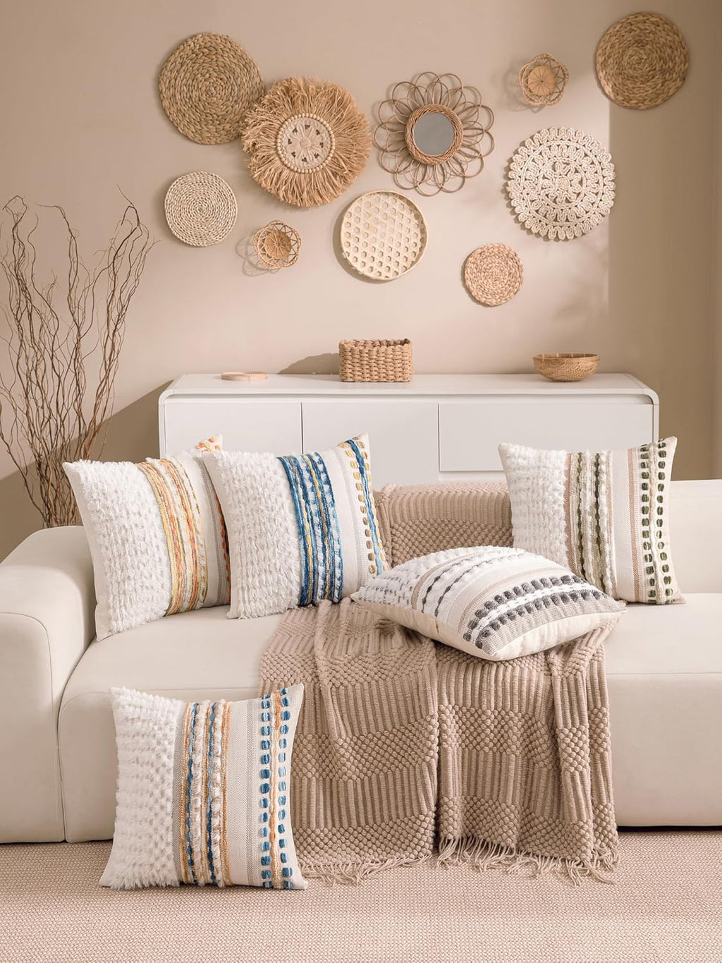 Boho Chenille Tufted Couch Throw Pillow Covers 18x18 Inch Set of 2 Farmhouse Striped Decorative Pillow Covers Accent Neutral Square…