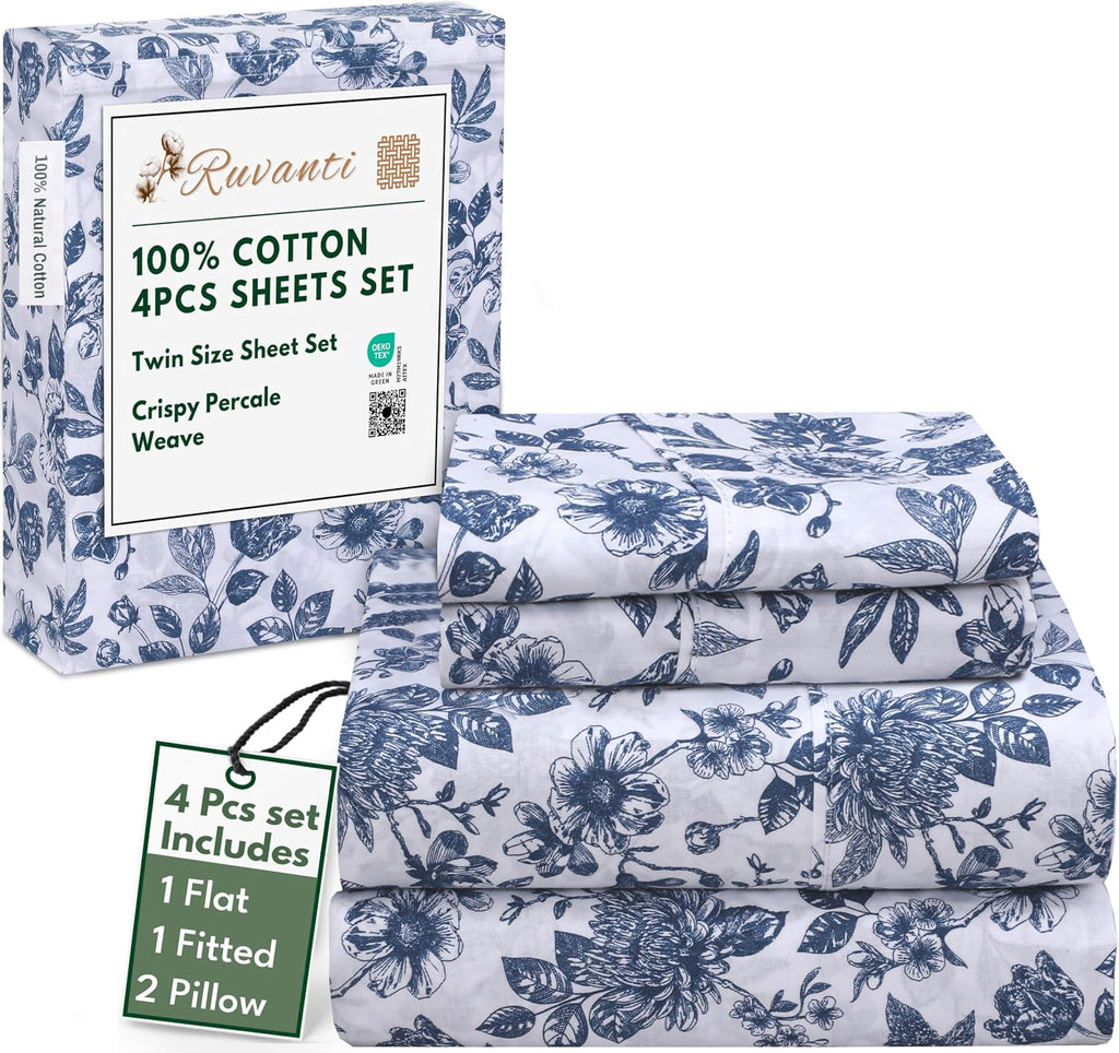 Ruvanti 4 Pcs Cotton Sheets - 100% Natural Cotton Soft, Lightweight & Breathable Crispy Percale Bed Sheets, Twin Sheets Set 16" Deep Pocket…