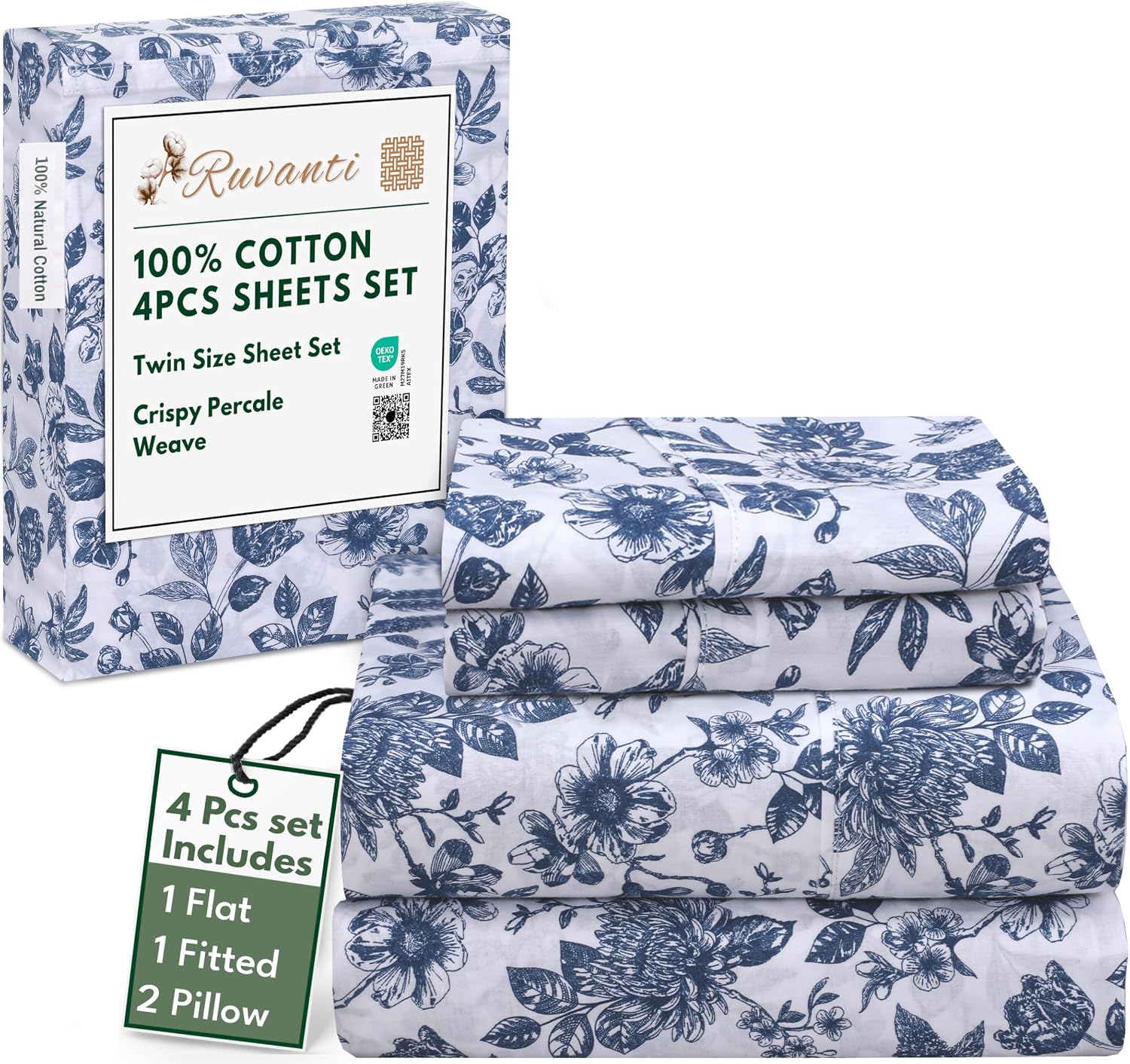 Ruvanti 4 Pcs Cotton Sheets - 100% Natural Cotton Soft, Lightweight & Breathable Crispy Percale Bed Sheets, Twin Sheets Set 16" Deep Pocket…