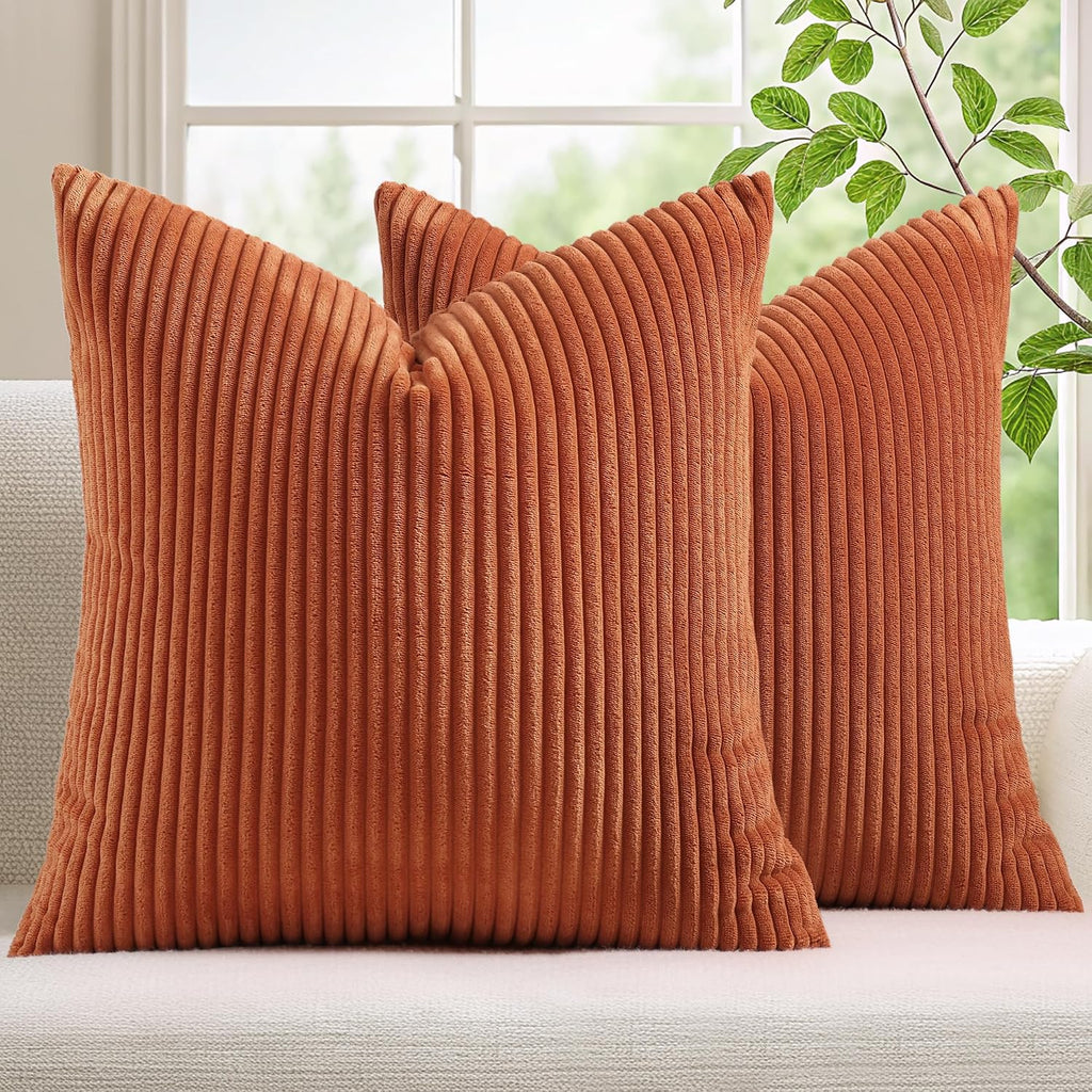 Mecatny Corduroy Fall Decorative Throw Pillow Covers 18x18 Set of 2 for Sofa Living Room, Soft Burnt Orange Neutral Boho Couch Pillow…