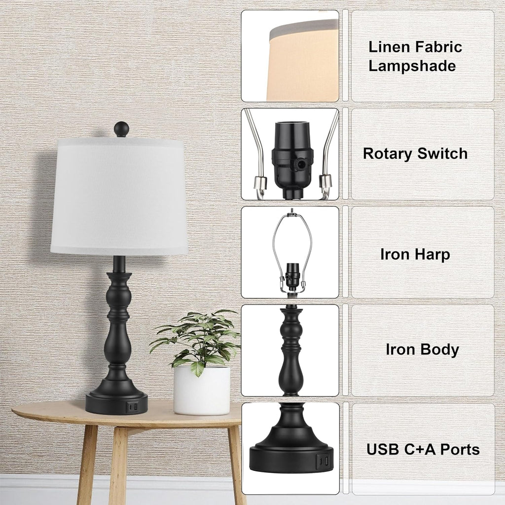 Farmhouse Side Table Lamps for Living Room Set of 2 with USB C+A Ports, Bedside Lamp for Bedroom, Dining Room Decor, Office, End Table…