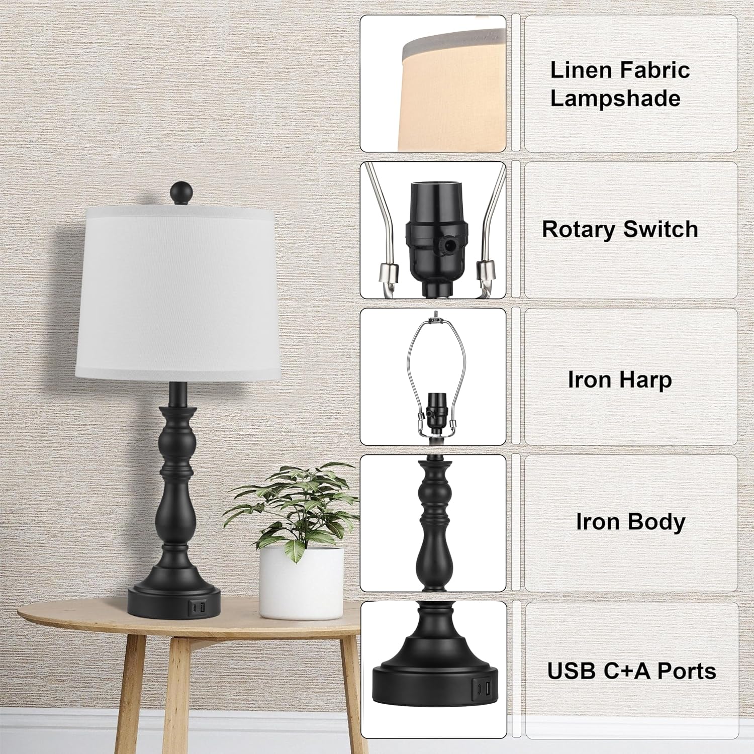 Farmhouse Side Table Lamps for Living Room Set of 2 with USB C+A Ports, Bedside Lamp for Bedroom, Dining Room Decor, Office, End Table…
