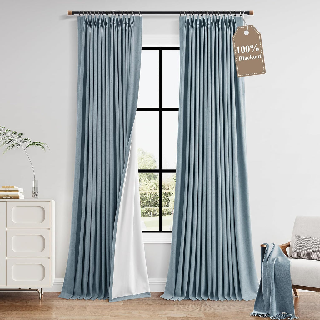 Boodii Blue 108 Inches Long 100% Blackout Linen Pinch Pleated Curtains Thermal Insulate 2 Panels Set for Living Room Bedroom Farmhouse Back…