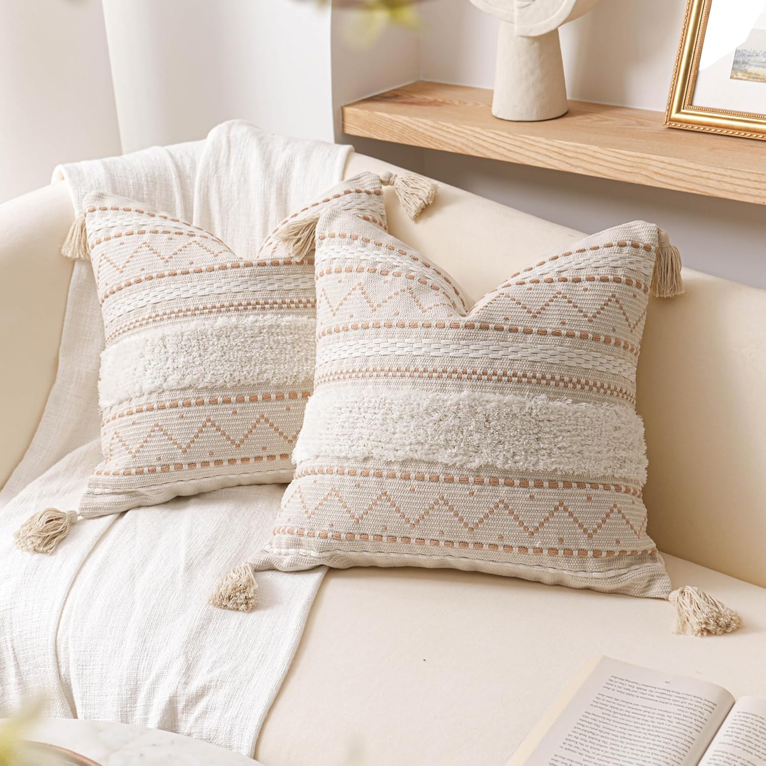 BlissBlush Decorative Throw Pillow Covers 20x20 Combo Set of 2 Square Cream Neutral White Boho Accent Pillowcase Tassels Farmhouse…