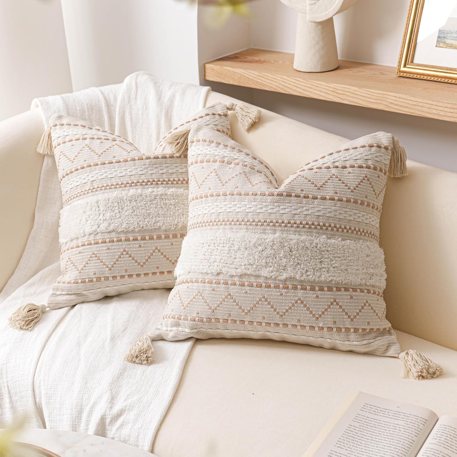 BlissBlush Decorative Throw Pillow Covers 18X18 Combo Set of 2 Square Cream Neutral White Boho Accent Pillowcase Tassels Farmhouse…
