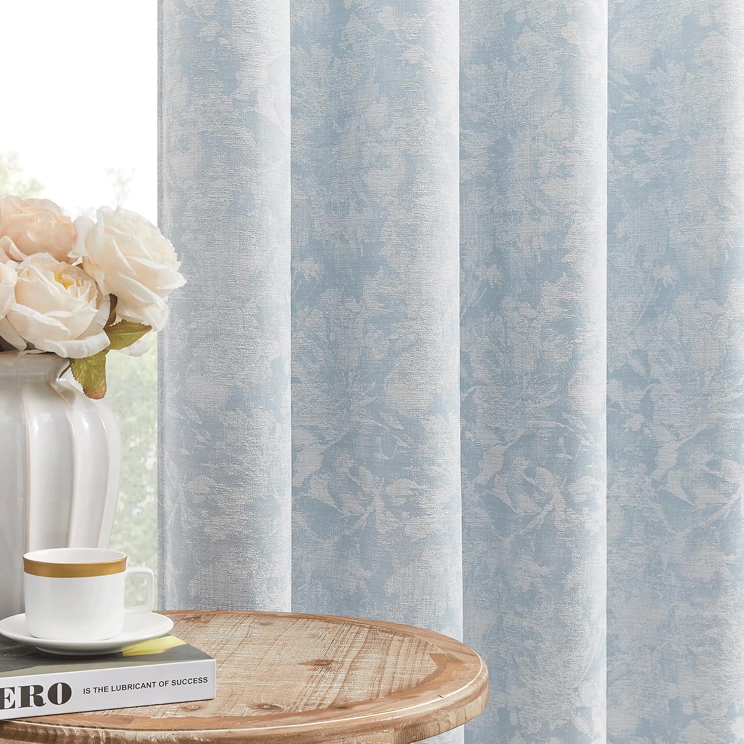 Beauoop Blue Floral Jacquard Blackout Curtains 72 Inches Long 2 Panels for Bedroom Living Room Chenille Flower Room Darkening Thermal…