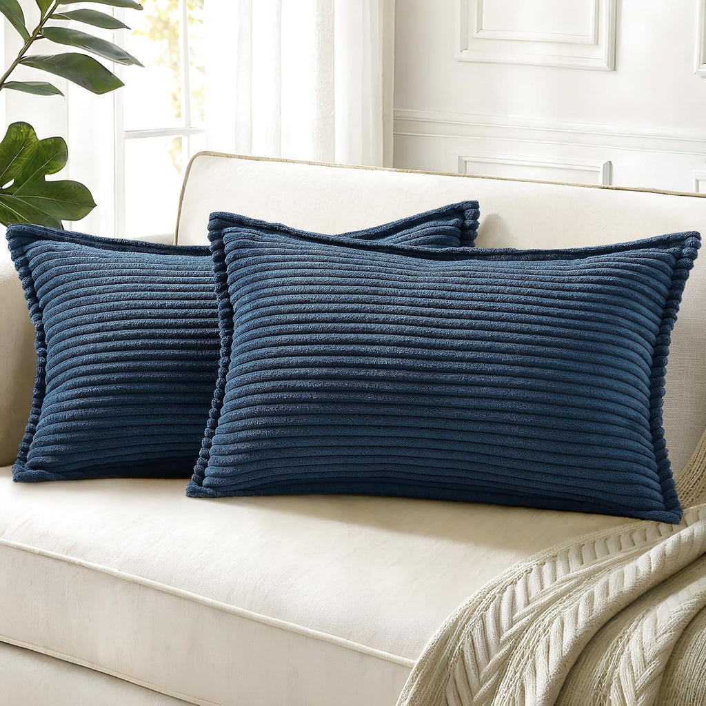 decorUhome Summer Corduroy Navy Blue Throw Pillow Covers 12x20 Set of 2 Decorative Soft Boho Farmhouse Lumbar Couch Pillow Covers for Livin…