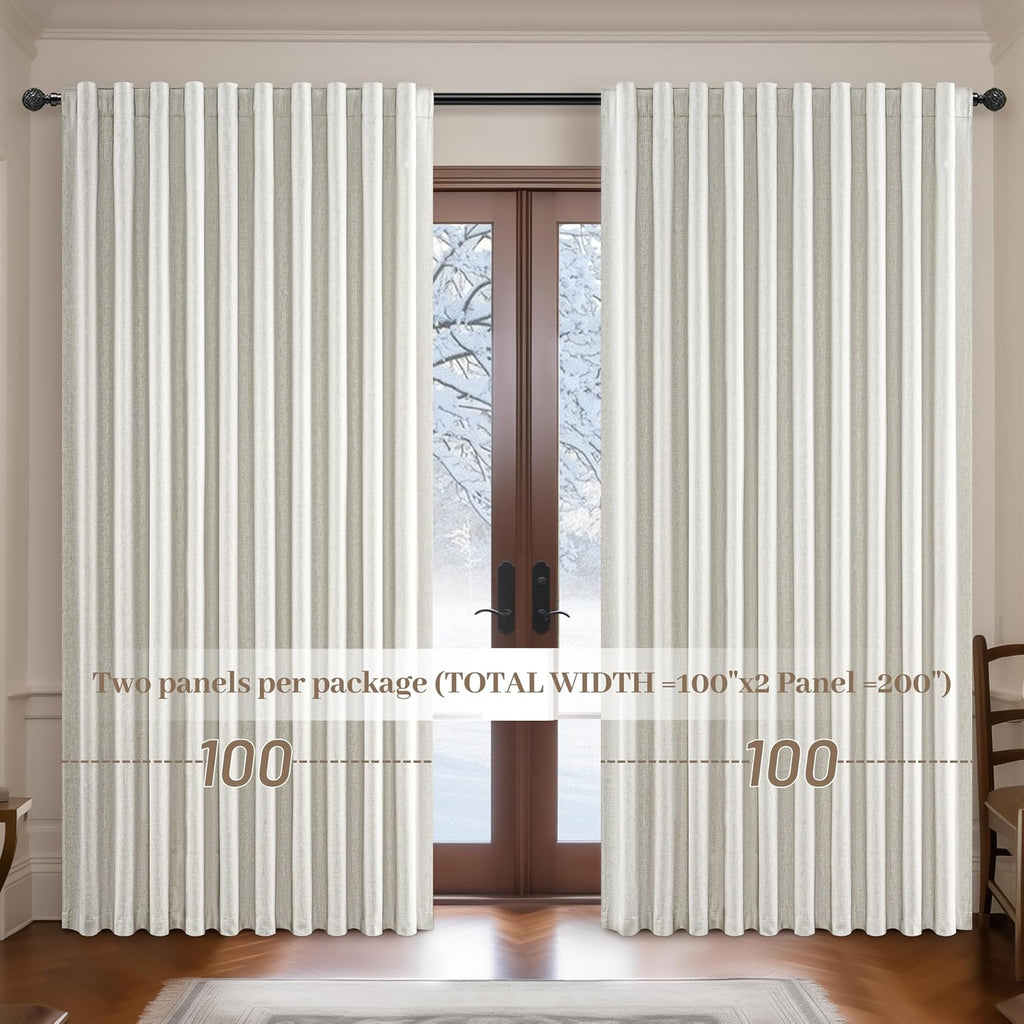 Qjmydeco Curtains 100 Inch Length Wide Pleated Blackout Curtain for Sliding Glass Door/Living Room, Farmhouse Birch Linen Thick Boho Bedroo…