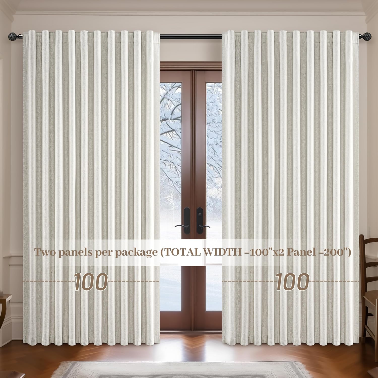 Qjmydeco Curtains 100 Inch Length Wide Pleated Blackout Curtain for Sliding Glass Door/Living Room, Farmhouse Birch Linen Thick Boho Bedroo…