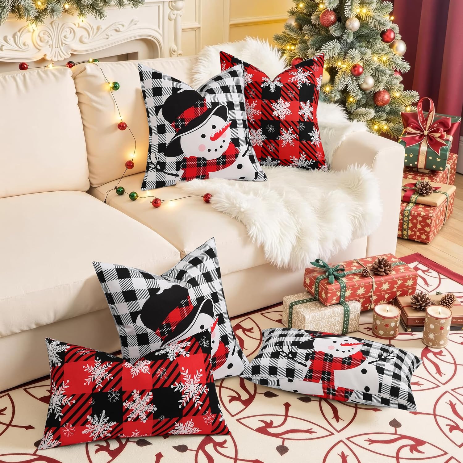 decorUhome Summer Black and White Snowman Linen Decorative Throw Pillow Covers 12x20 Set of 2 Lumbar Buffalo Plaid Check Farmhouse Gingham…