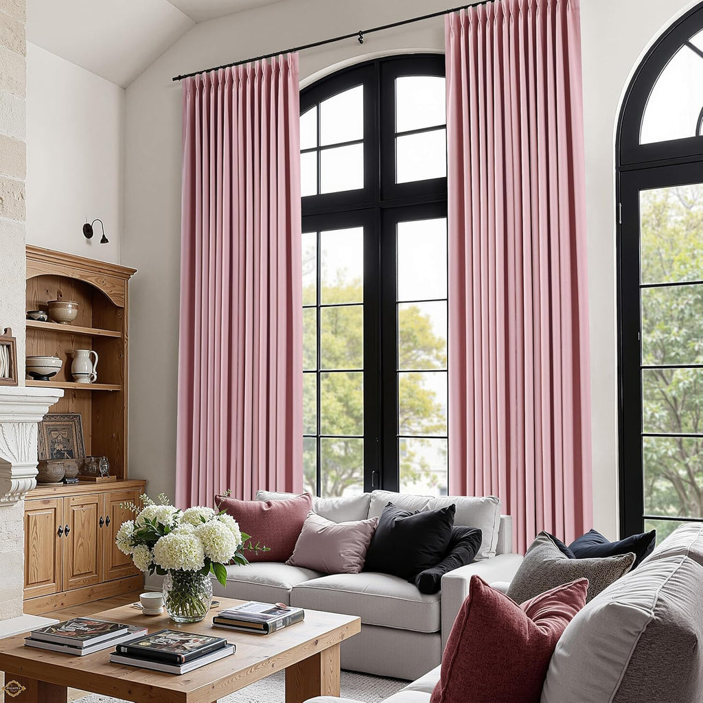 Boodii Pink 100% Blackout 90 Inches Long Linen Pinch Pleated Curtains for Girls Bedroom Living Room Pleat Drapes Noise Cancelling Thermal I…