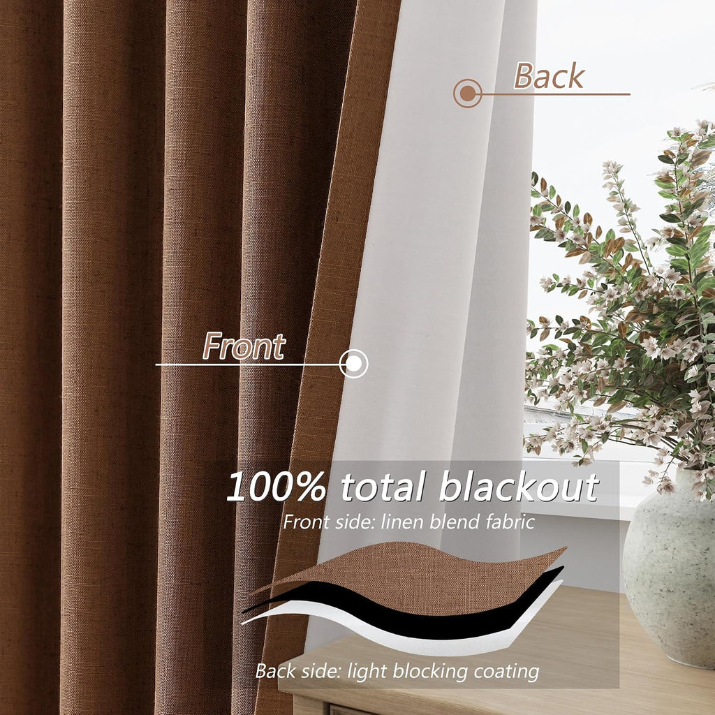 Guken Caramel Brown 100% Blackout Linen Curtains 120 Inch Length 2 Panels Set for Living Room Bedroom Back Tab/Rod Pocket Thermal Insulated…
