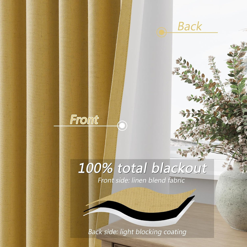 Guken 100% Blackout Curtains 90 Inch Length 2 Panels Set for Living Room Bedroom Back Tab Thermal Insulated Black Out Linen Drapes Room Dar…
