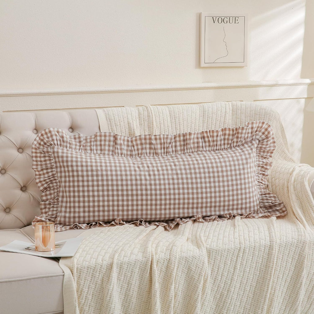 Qilunn 14x36 inches Taupe Plaid Ruffle Gingham Lumbar Throw Pillow Cover, Pure Cotton Decor Pillowcase French Country Vintage Fall Pillow C…