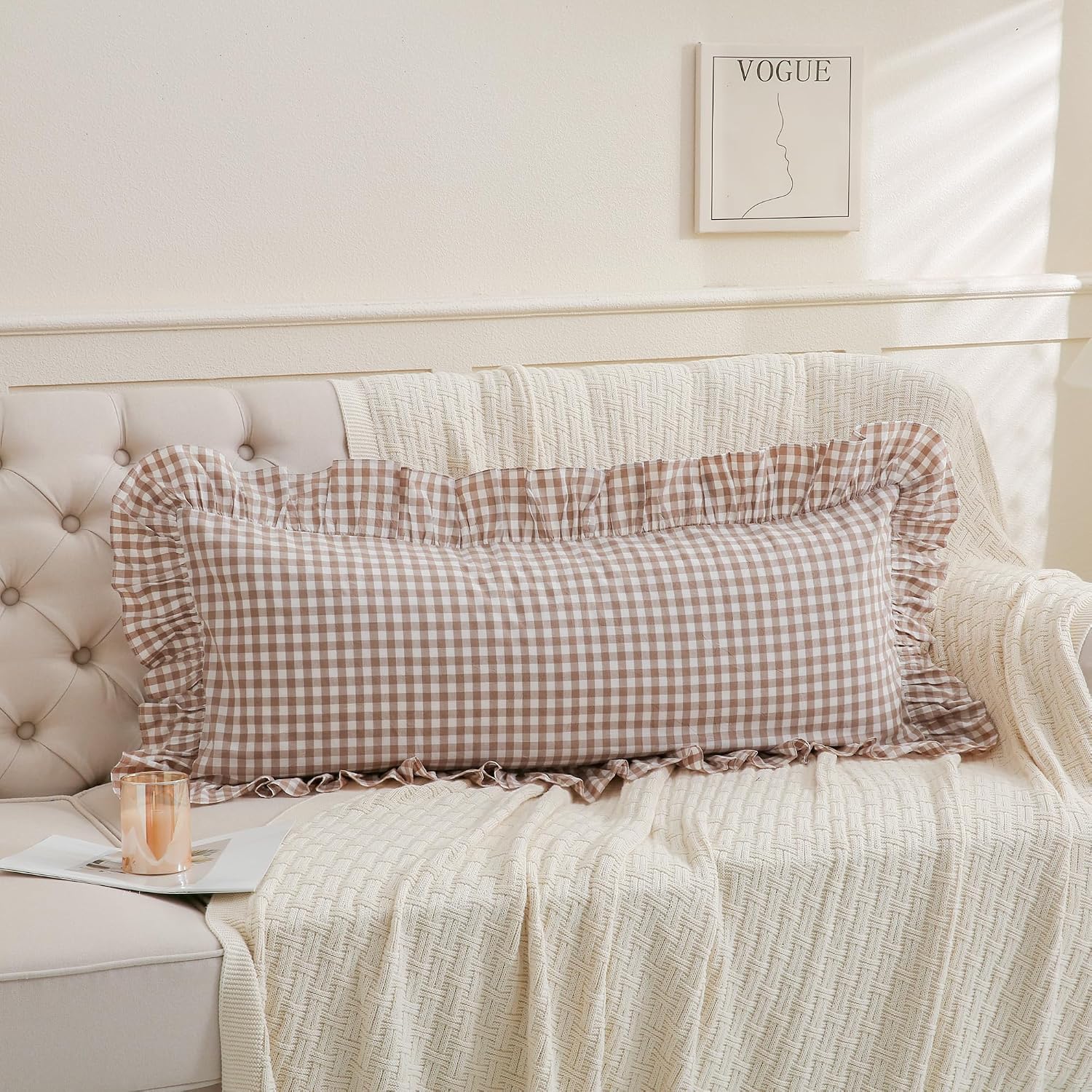 Qilunn 14x36 inches Taupe Plaid Ruffle Gingham Lumbar Throw Pillow Cover, Pure Cotton Decor Pillowcase French Country Vintage Fall Pillow C…