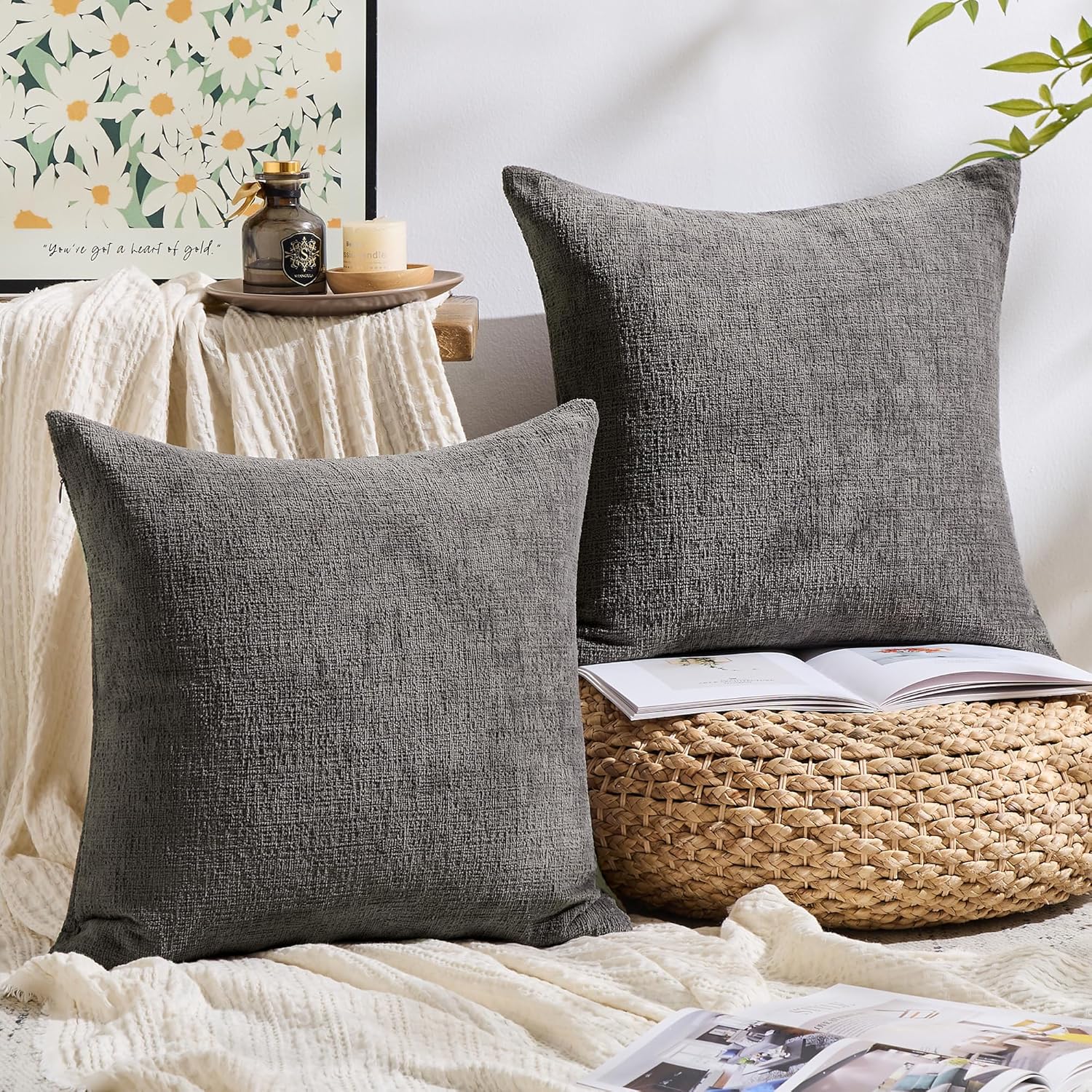Gawamay Set of 2 Soft Textured Chenille Throw Pillow Covers 20x20 Inch (50x50 CM), Decorative Pillowcases Cushion Covers for Farmhouse Home…