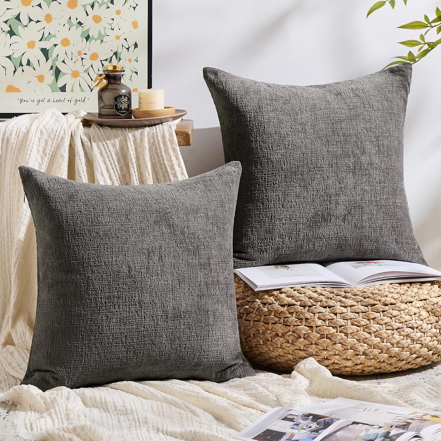 Gawamay Set of 2 Soft Textured Chenille Throw Pillow Covers 24x24 Inch (60x60 CM), Decorative Pillowcases Cushion Covers for Farmhouse Home…
