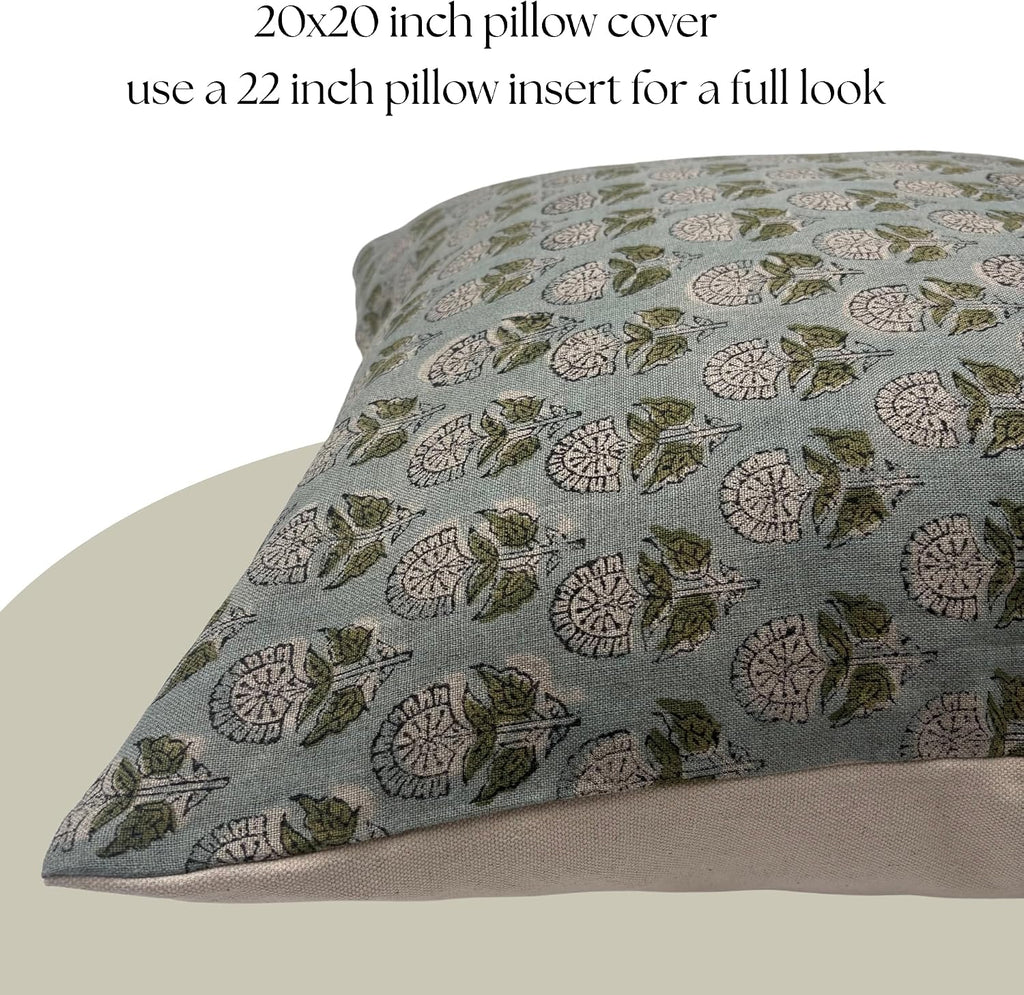 LineandLoop Linen Throw Pillow Covers 20x20 inch Blue Green Spring Decorative Pillow Covers for Living Room, Bedroom 2 inches cotton Blue