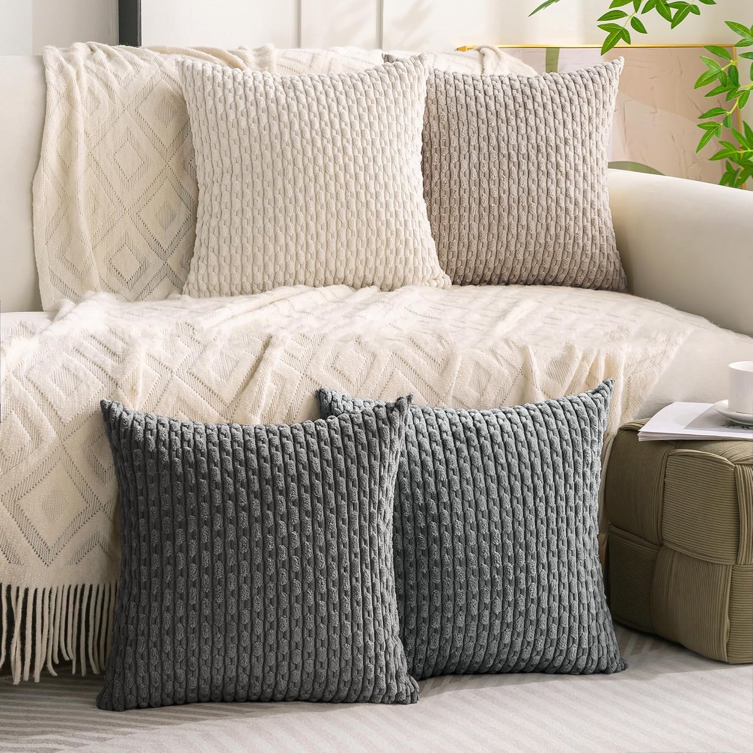 Cozoomy Set of 4 Grey White Taupe Decorative Throw Pillow Covers 22x22 Inch Corduroy Pillow Covers for Bed Couch Sofa Living Room Soft Squa…