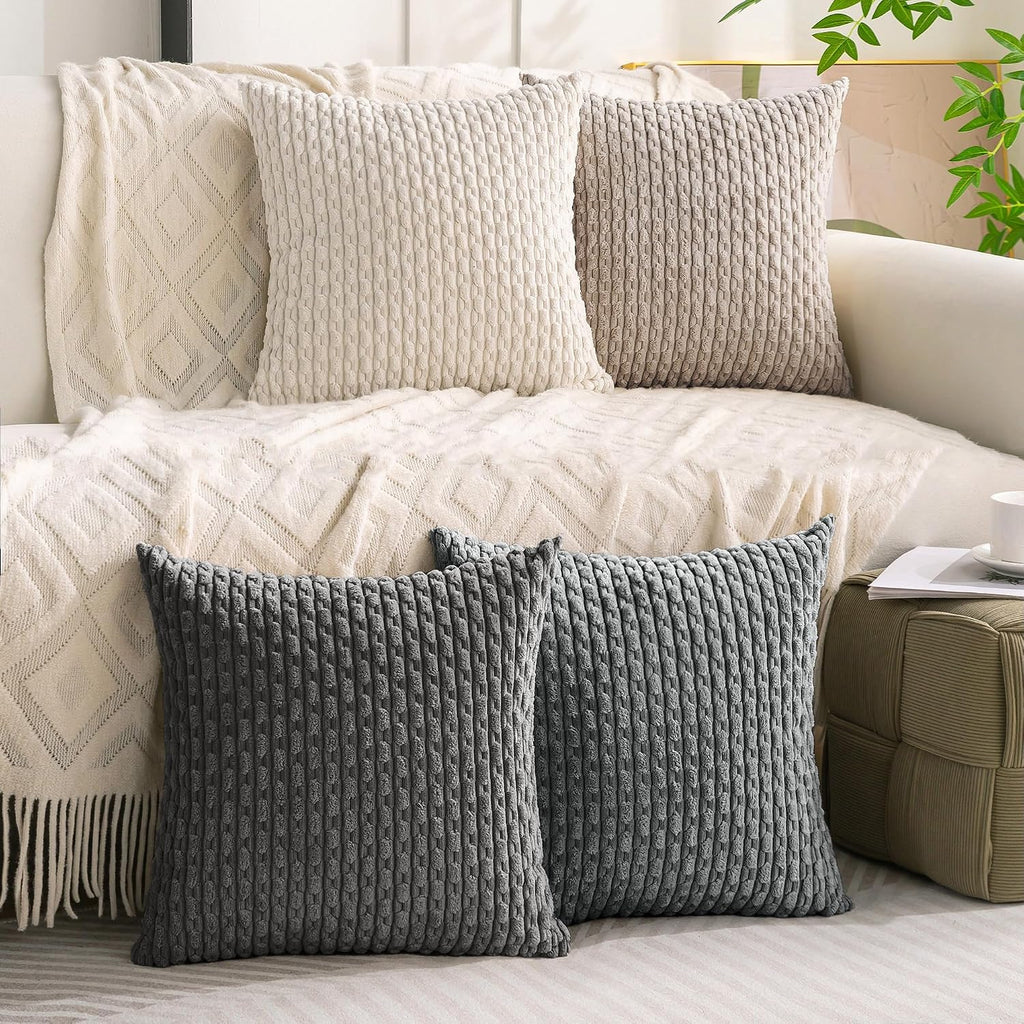 Cozoomy Set of 4 Grey White Taupe Decorative Throw Pillow Covers 16x16 Inch Corduroy Pillow Covers for Bed Couch Sofa Living Room Soft Squa…