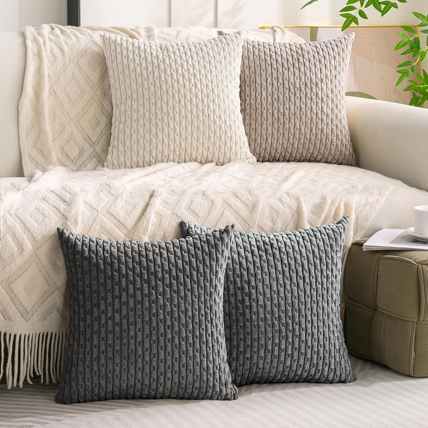 Cozoomy Set of 4 Grey White Taupe Decorative Throw Pillow Covers 20x20 Inch Corduroy Pillow Covers for Bed Couch Sofa Living Room Soft Squa…