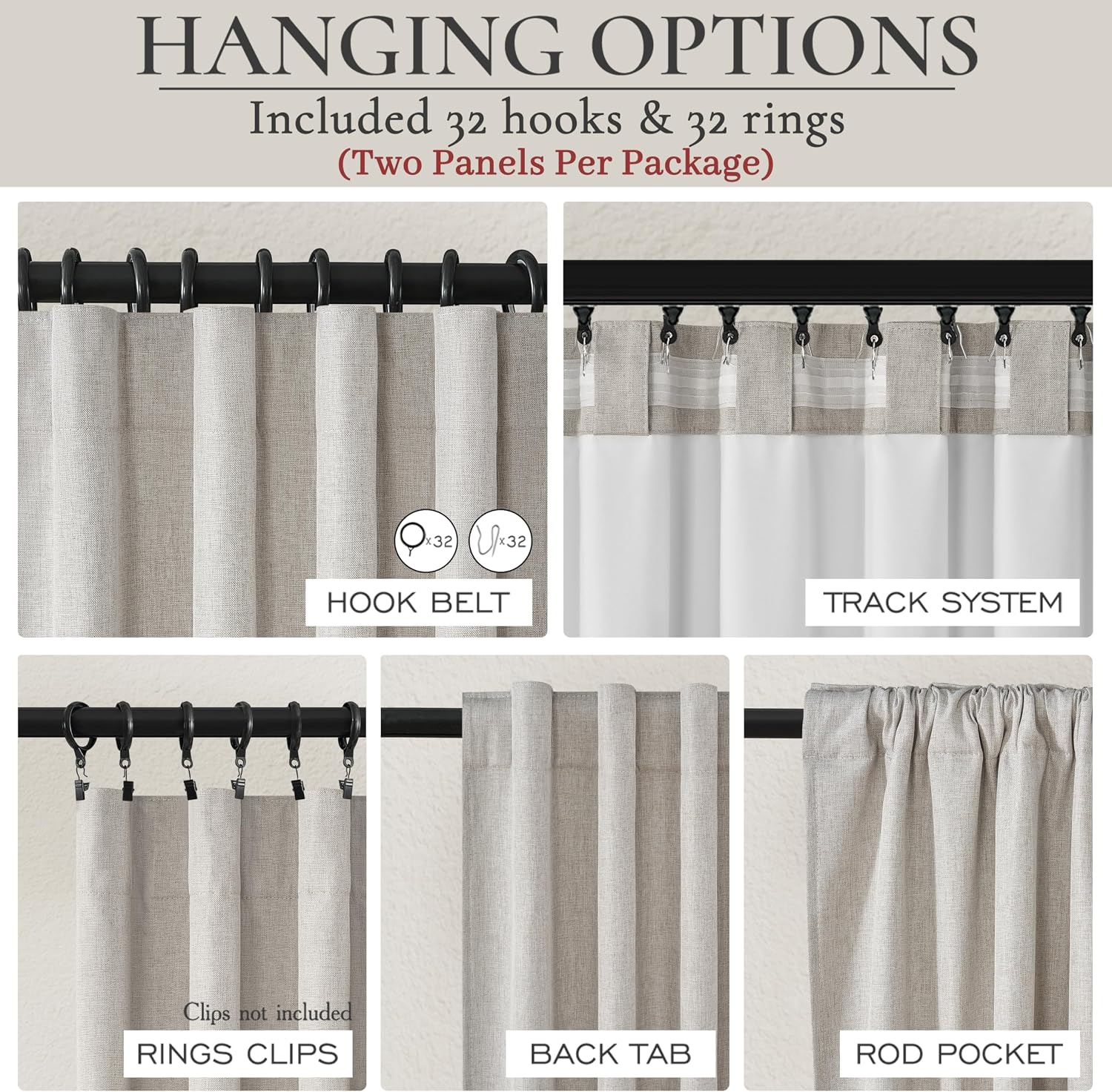 Qjmydeco Pleat Linen Blend Room Darkening Extra Long Curtains 120 Inch Length 2 Panels Set for Living Room, Natural Melange Grey for Bedroo…