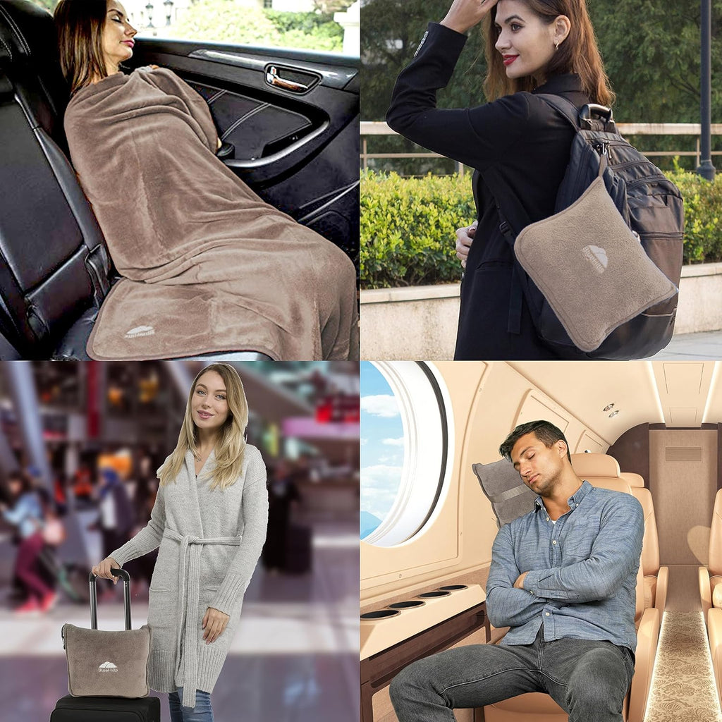 BlueHills Premium Soft Travel Blanket Pillow Airplane Flight Blanket Throw in Soft Bag Pillow case with Luggage Belt & Backpack Clip…