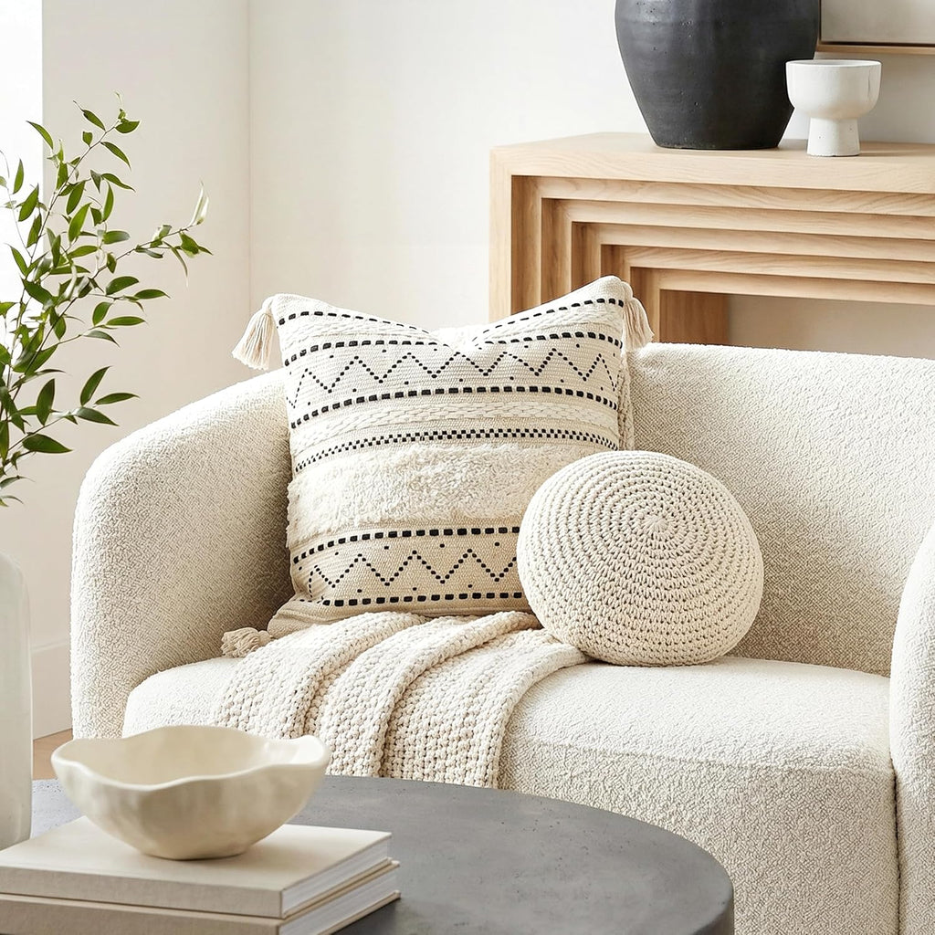 BlissBlush 20X20 Throw Pillow Cover, Cream Neutral Square Decorative Cushion Cover with Black Pattern, Boho Accent Pillowcase with Tufted…