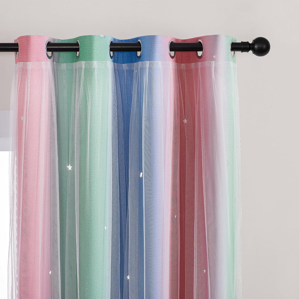Addsomecolortolife XiDi Pink & Rainbow Curtains for Kids & Girl Rooms - Blackout, Unicorn Wall Decals, 52x84 Inch 1.6 inch Pink