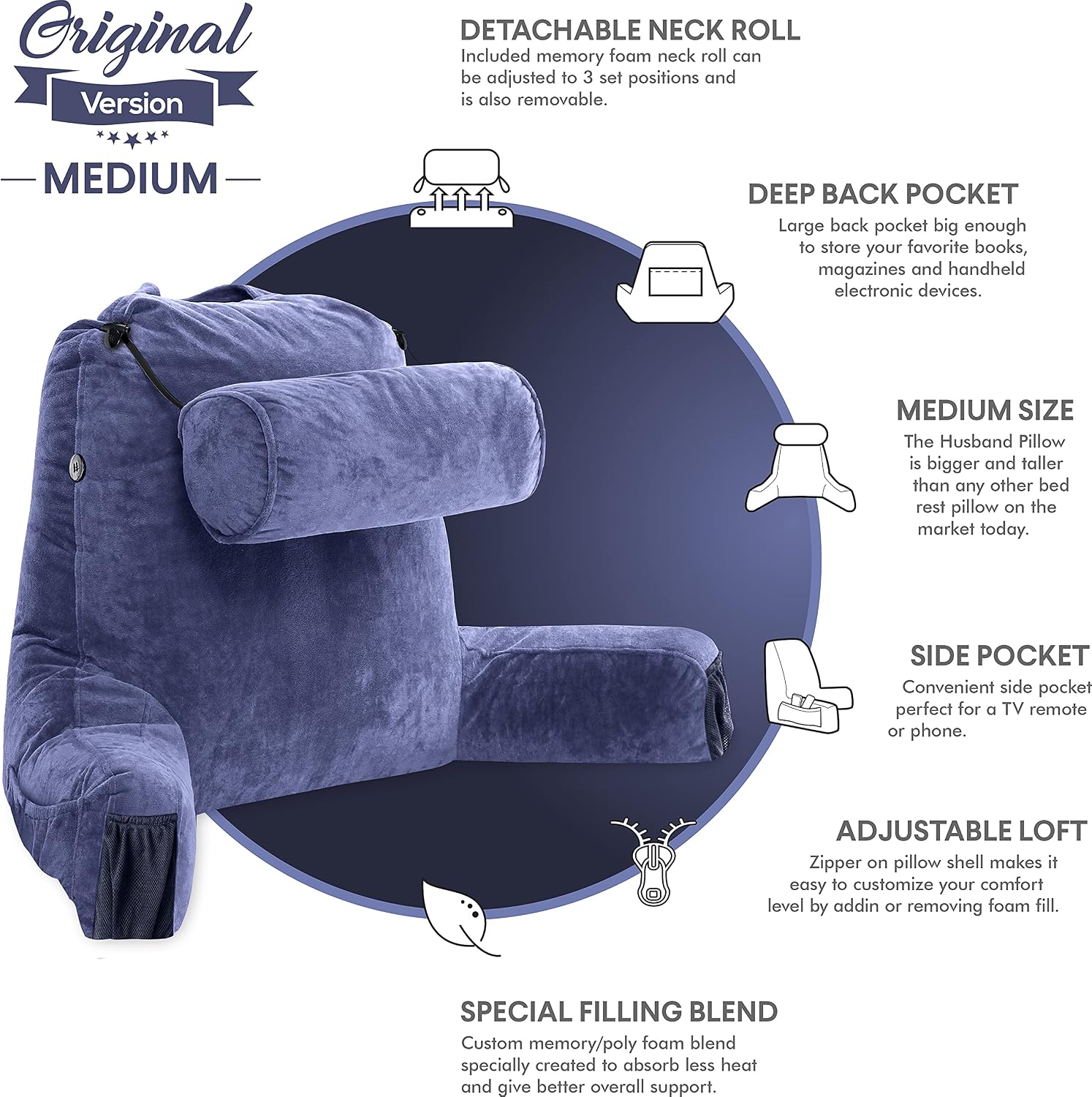 HusbandPillow Husband Pillow Medium Reading Pillow with Arms - 23" Backrest for Sitting Up in Bed - Firm Support Bed Rest Pillow for Adults…