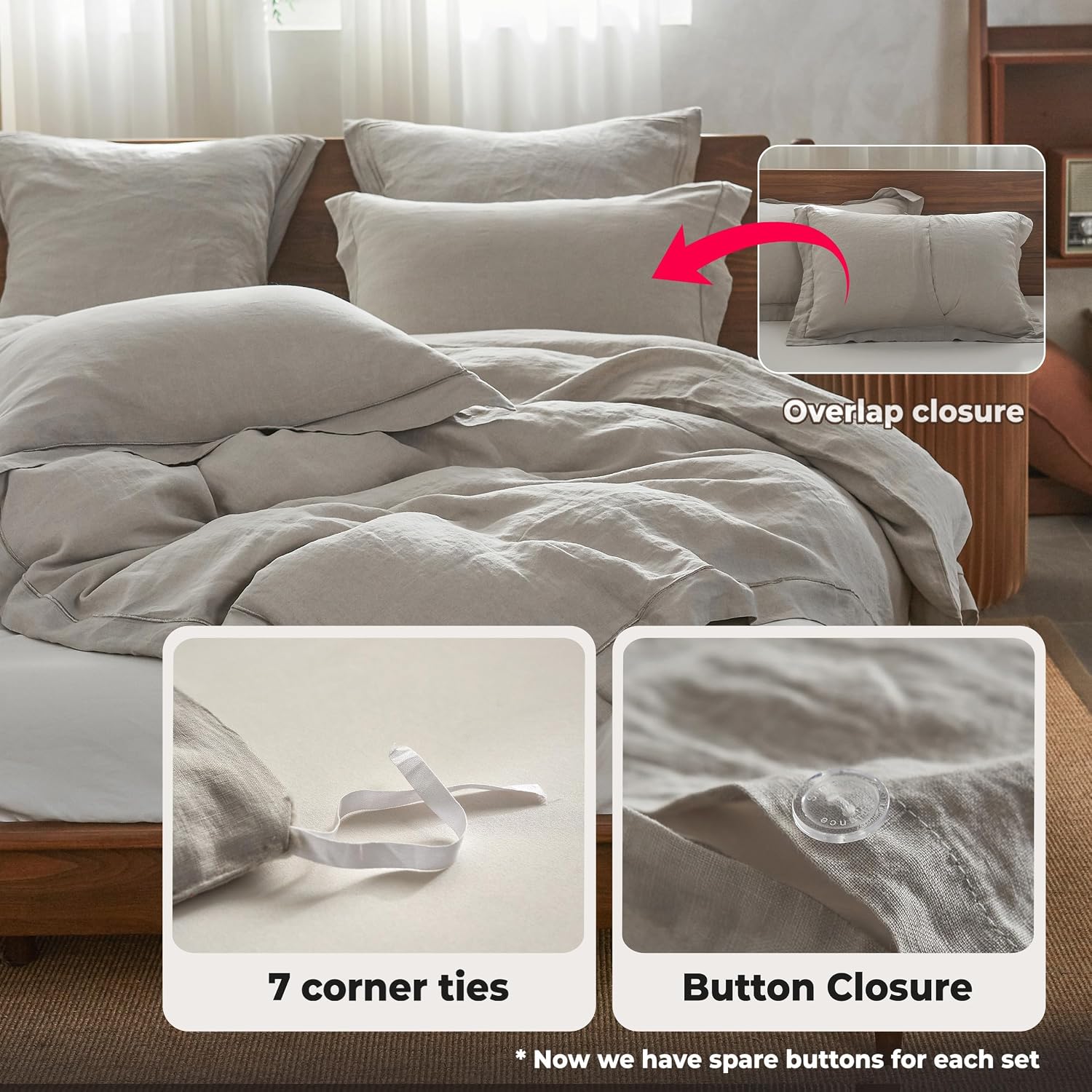 Simple&Opulence 100% Washed Linen Duvet Cover with Embroidered,3 Pieces Soft Farmhouse Comforter Set with Button Closure,1 D…