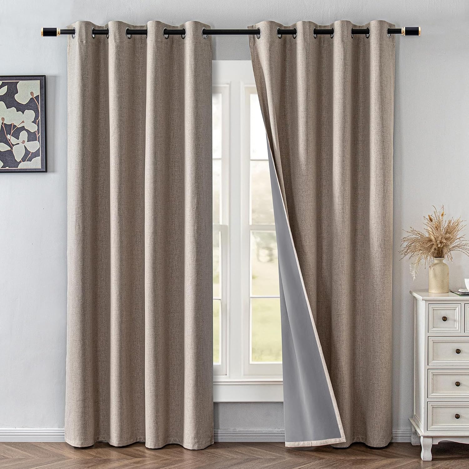 IGEMAEVE Linen Blackout Curtains 108 Inches Long for Bedroom,100% Black Out Curtains 2 Panels Set, Thermal Insulated Room Darkening…