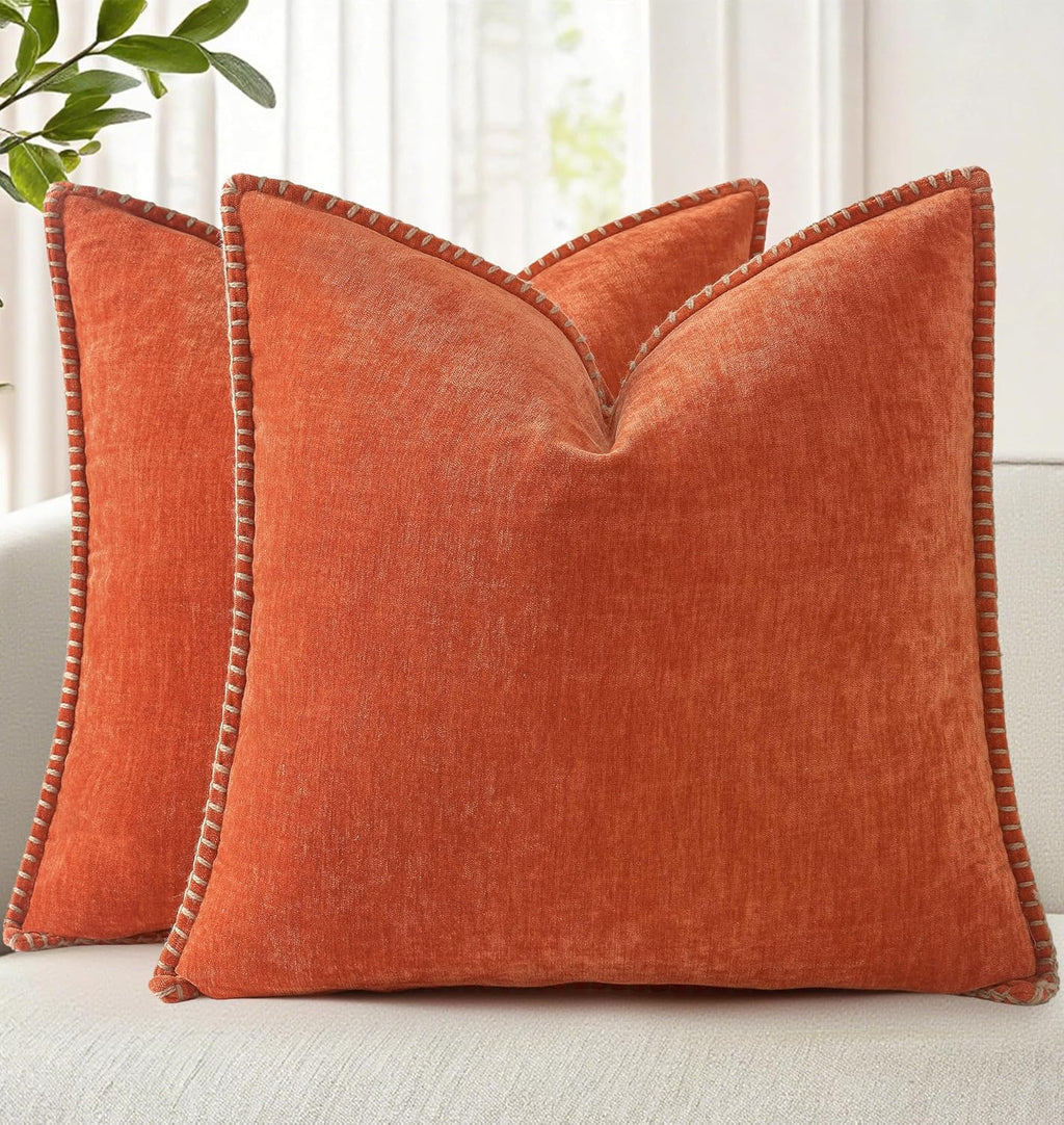decorUhome Chenille Soft Cozy Throw Pillow Covers 18x18 Set of 2, Modern Farmhouse Boho Velvet Decorative Pillow Cases with Stitched Edge f…