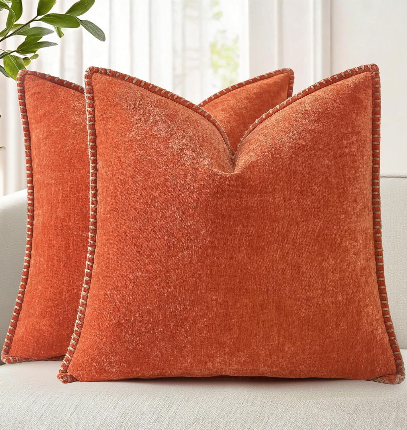 decorUhome Chenille Soft Cozy Throw Pillow Covers 18x18 Set of 2, Modern Farmhouse Boho Velvet Decorative Pillow Cases with Stitched Edge f…