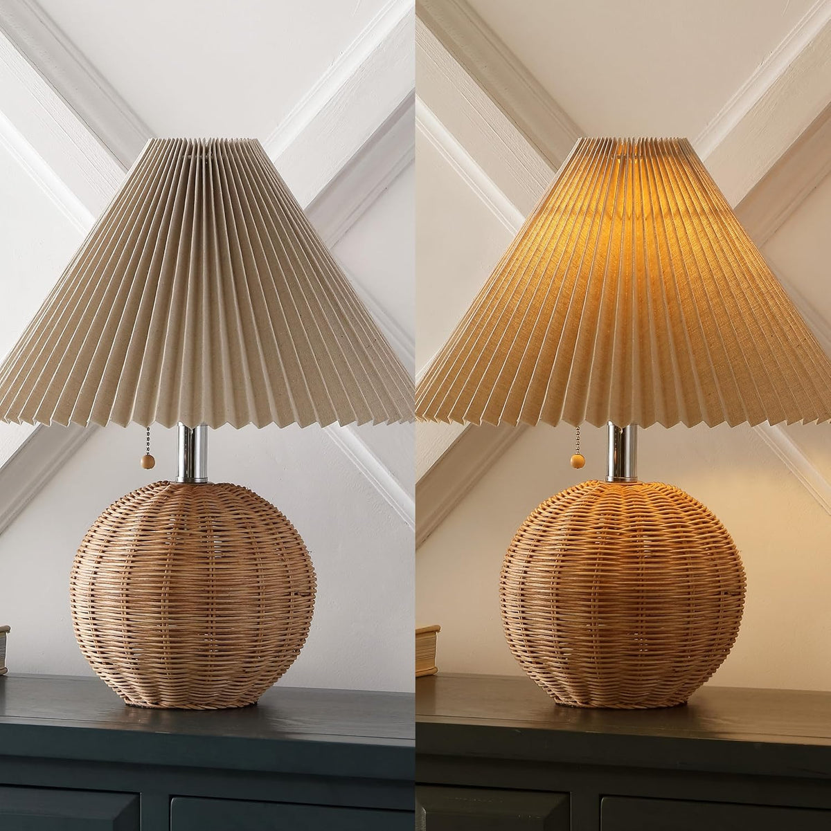 Jonathany JONATHAN Y 17.25" Natural/Chrome/Dark Beige Sphere Table Lamp, Mid-Century Bedside Nightstand with Beige Pleated Linen Shade, Sca…