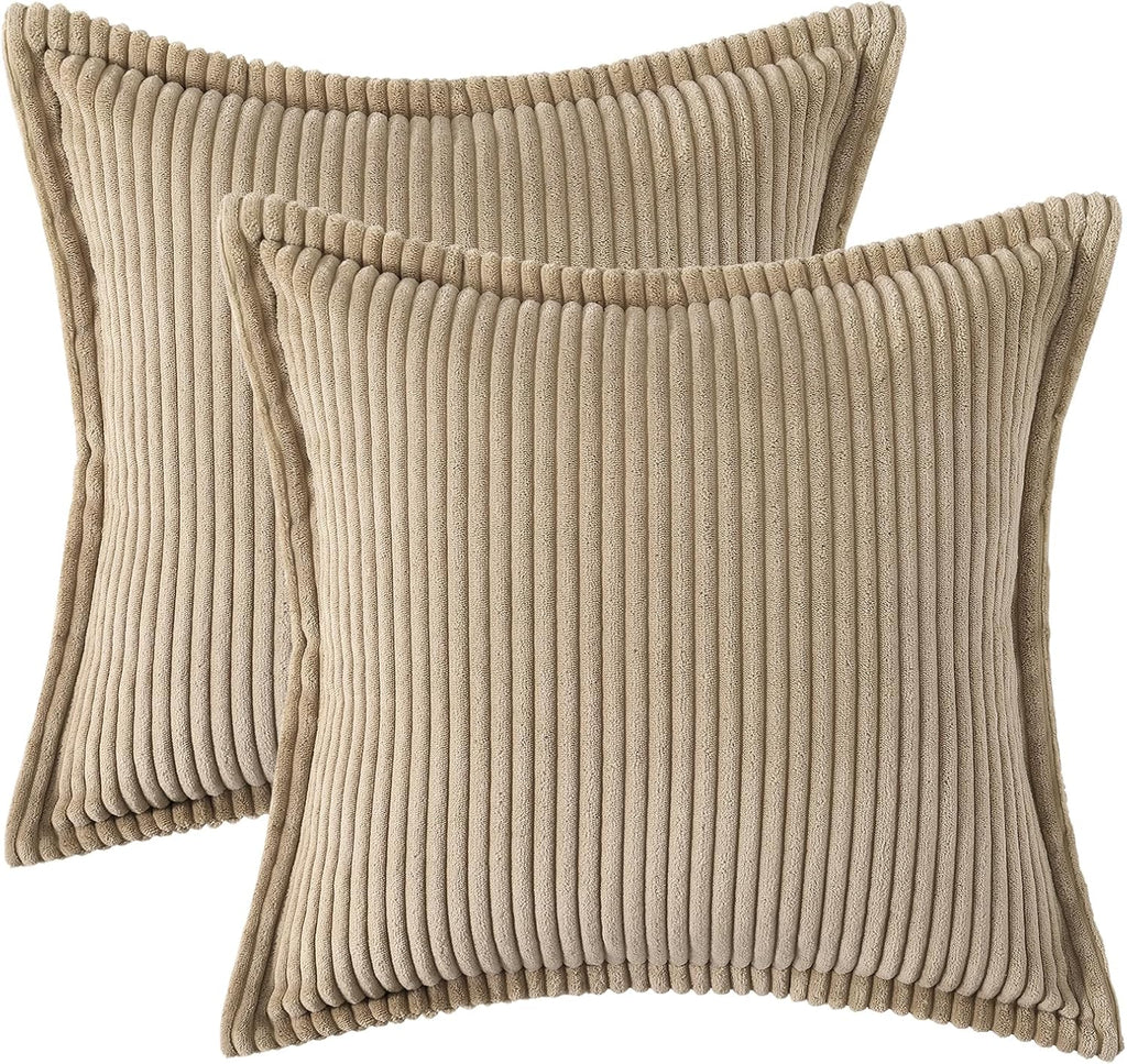 Mecatny Corduroy Summer Throw Pillow Covers 18x18 Set of 2, Neutral Decorative Soft Boho Couch Pillow Covers with Broadside for Sofa…