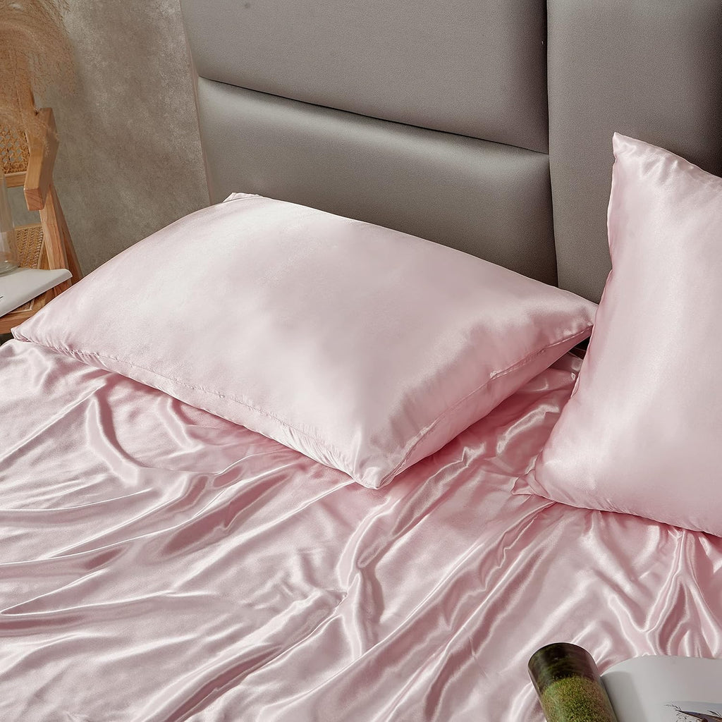 HommxJF Pink Satin Pillowcase Queen Size Set of 2 for Hair and Skin, Pink Silk Pillowcase Breathable Pillowcase with Envelope Closure Pink