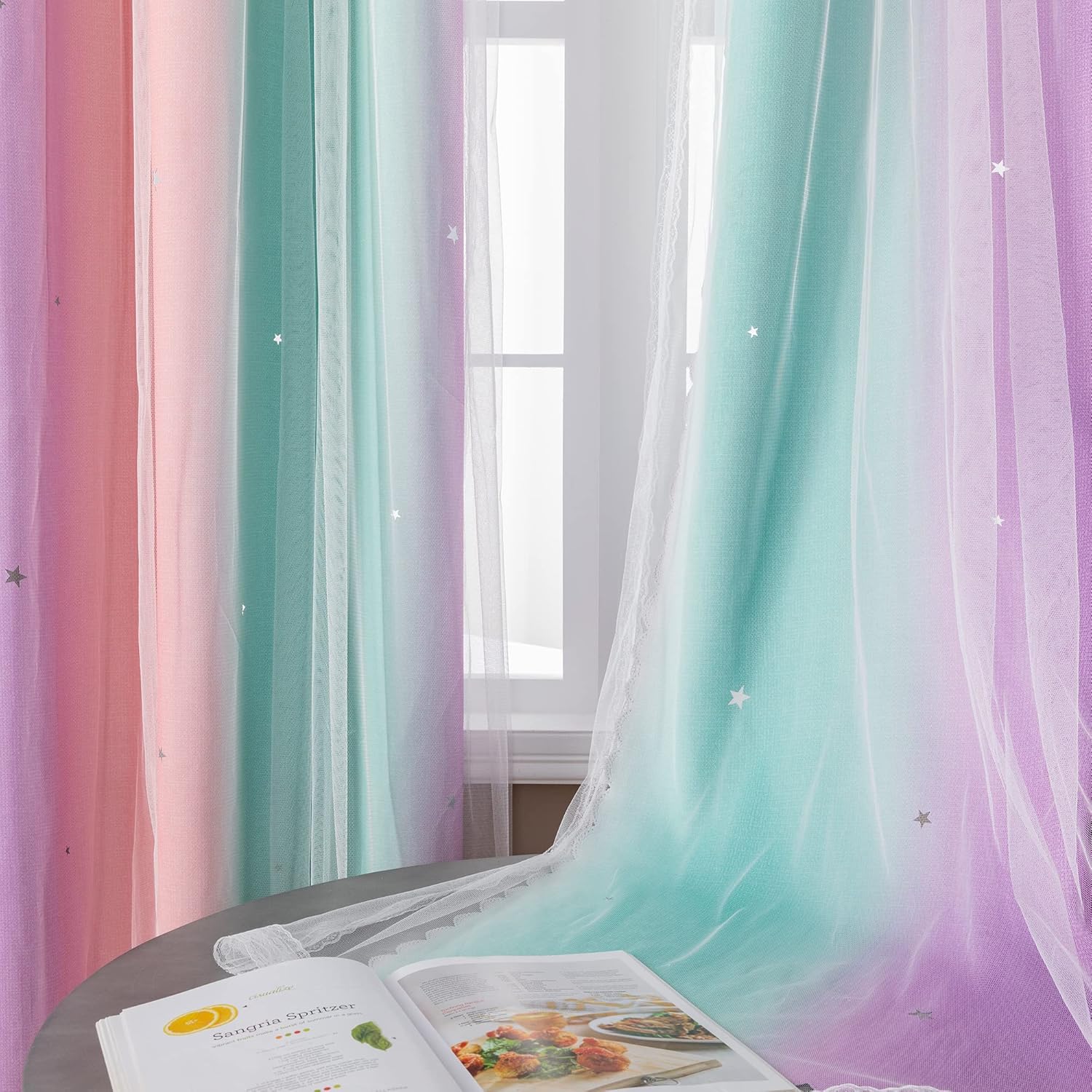 Addsomecolortolife XiDi Curtains for Bedroom Kids Rainbow Pink Purple Green Curtains for Girls Room Darkening 42/79 1.6 inch Pink