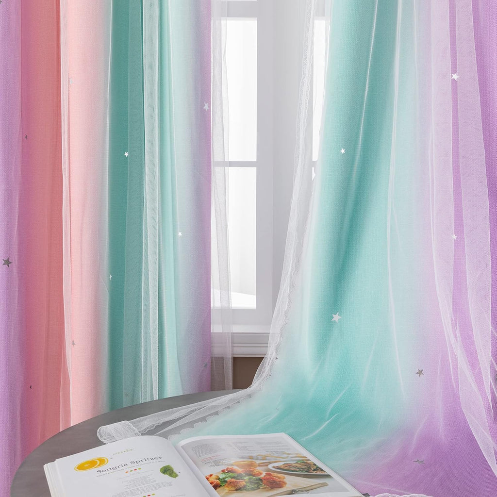 Addsomecolortolife XiDi Dream Star Blackout Curtains for Kids Rooms Girl Princess Curtain for Daughter Bedroom Window (Pink Purple Green, W…