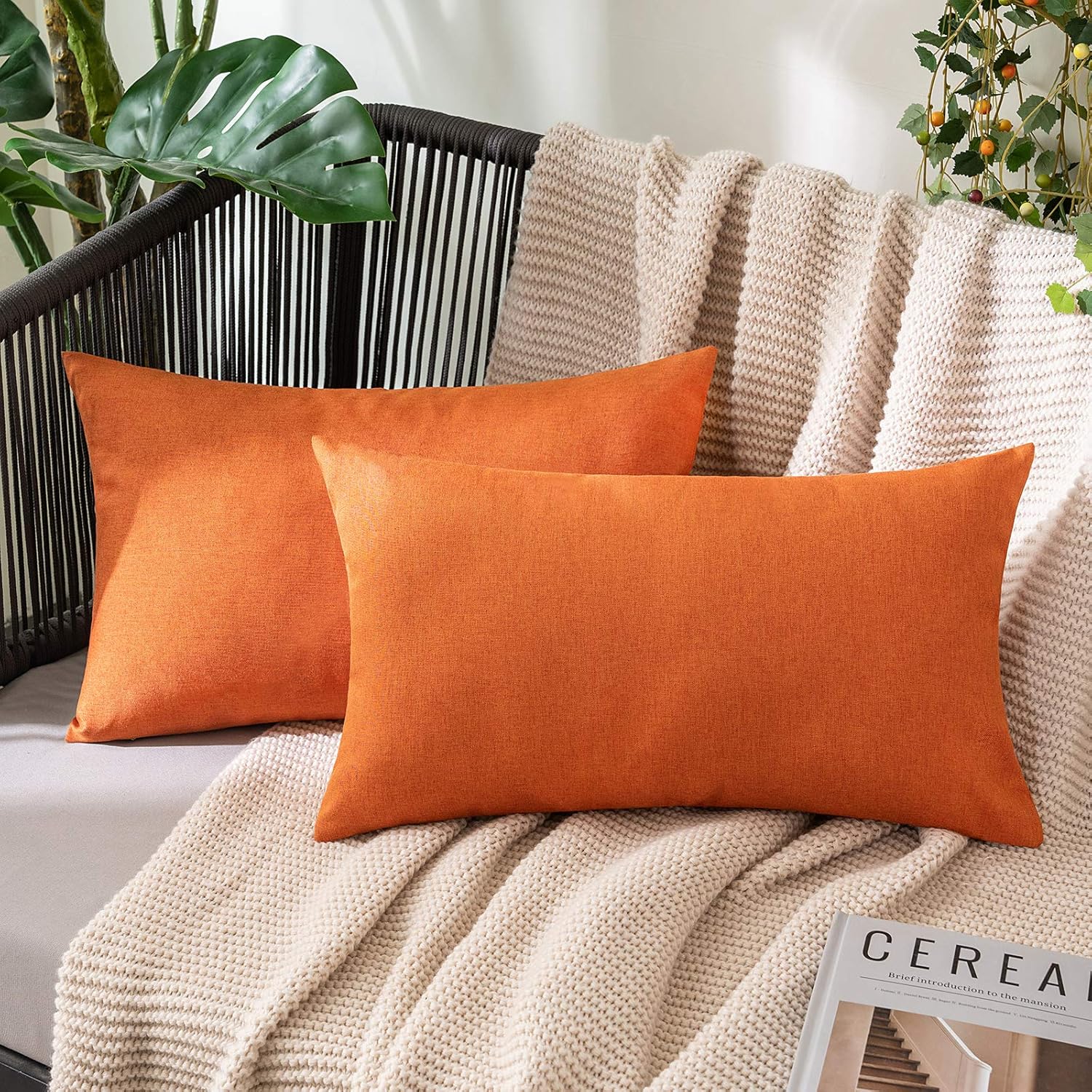 Miulee Pack of 2 Decorative Outdoor Solid Waterproof Throw Pillow Covers Faux Linen Garden Farmhouse Cushion Cases for Summer Patio Tent Ba…