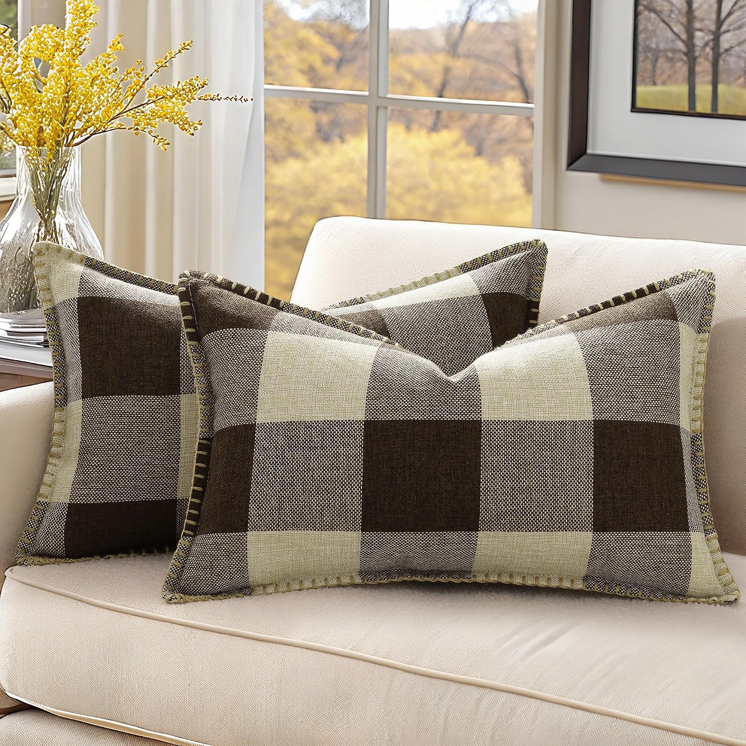 decorUhome Summer Buffalo Plaid Check Throw Pillow Covers 12x20 Set of 2 Outdoor Lumbar Linen Decorative Farmhouse Gingham Pillow Covers wi…