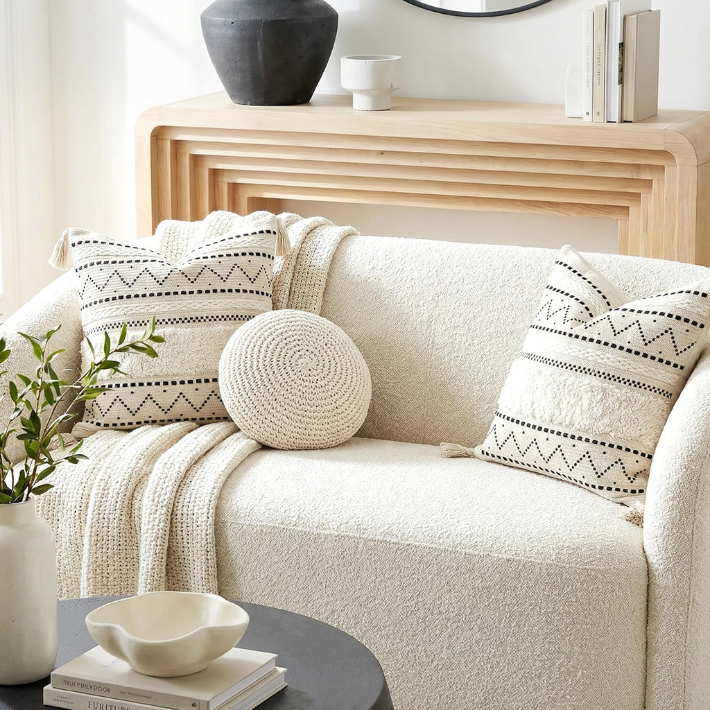 BlissBlush Decorative Throw Pillow Covers 20x20 Combo Set of 2 Square Boho Black Neutral Accent Pillowcase Tassels Farmhouse Cushion for…