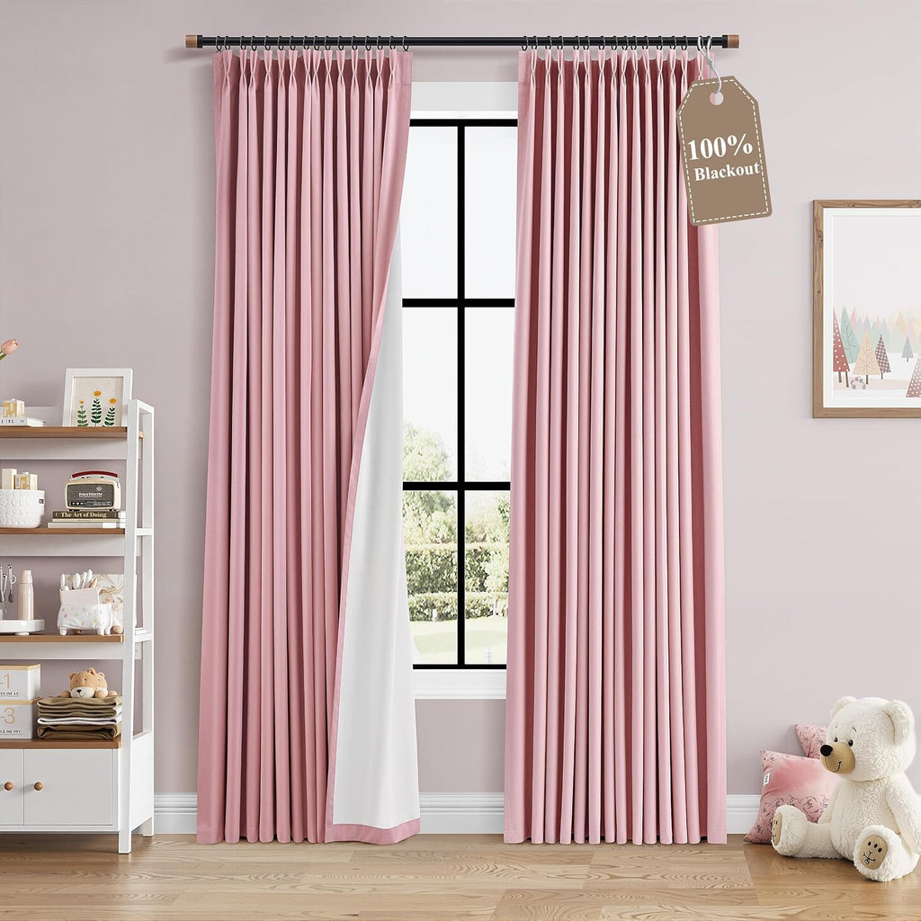 Boodii Pink 100% Blackout Linen Pinch Pleated Curtains 84 Inches Long for Girls Bedroom Living Room Cute Pleat Drapes with Hooks Room Darke…