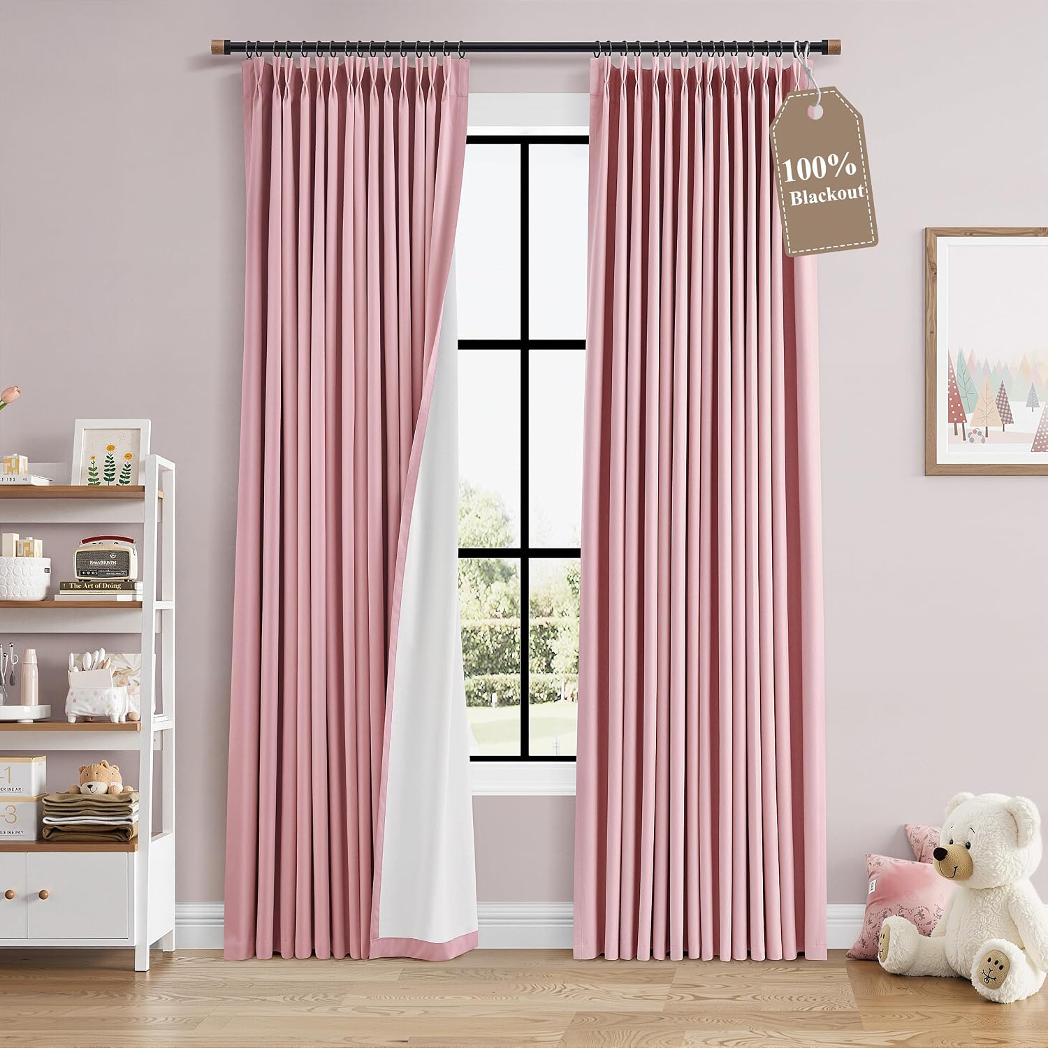 Boodii Pink 100% Blackout Linen Pinch Pleated Curtains 84 Inches Long for Girls Bedroom Living Room Cute Pleat Drapes with Hooks Room Darke…
